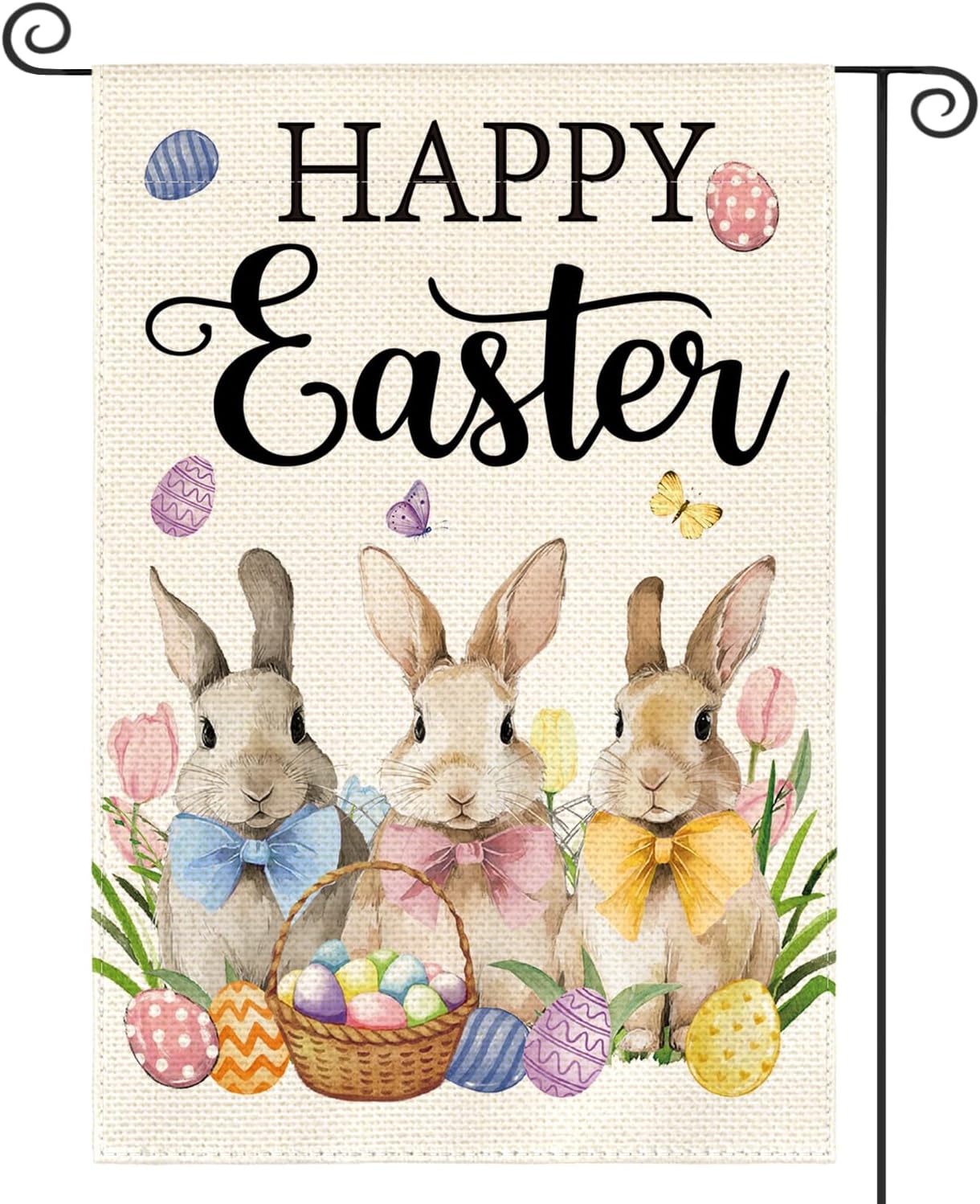AVOIN colorlife Happy Easter Garden Flag 12x18 Inch Double Sided Outside, Easter Bunny Rabbit and Eggs Yard Outdoor Flag