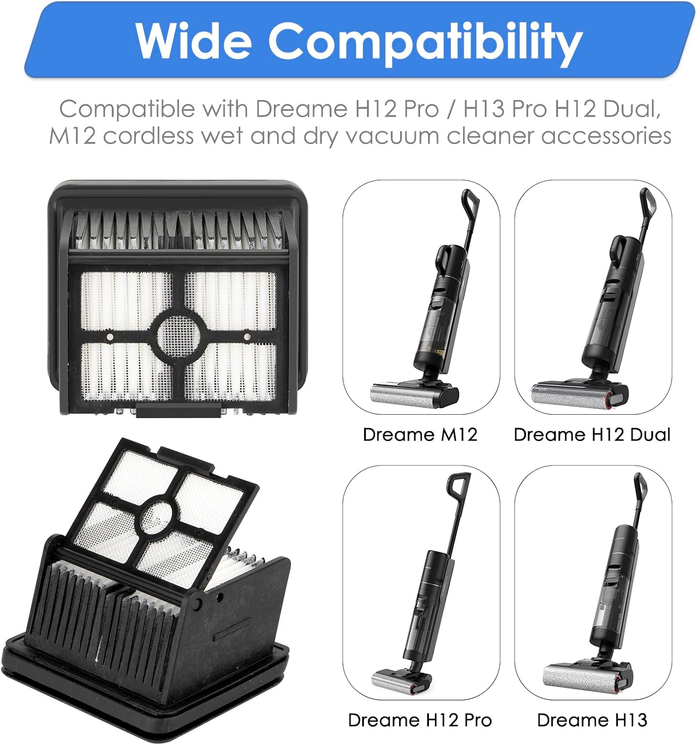 (6 Pack) H12 Pro Replacement HEPA Filters Compatible with Dreame H12 Pro FlexReach/ H12 Dual/ H13 Pro/ M12/ H12S/ G10 Pro/ G10 Combo Cordless Wet and Dry Vacuum Cleaner, Vacuum Filters