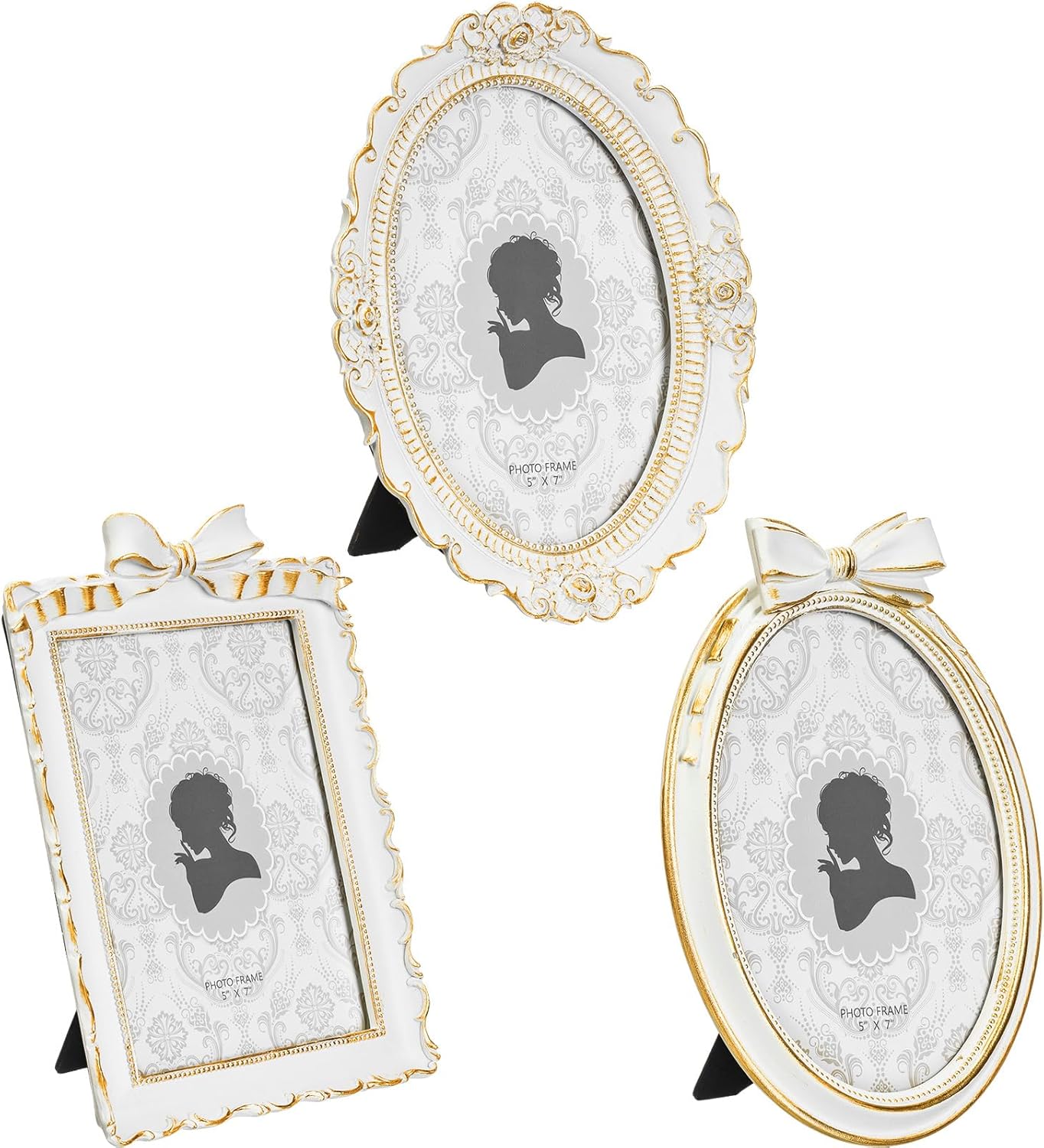 Vicenpal 3 Pcs Tiny Picture Ornate Frames Small Vintage Oval Picture Frames Gold Vintage Baroque Ornate Antique Resin Frame Table Top Display Frame for Home Wedding Decor(5 x 7 Inch,White)