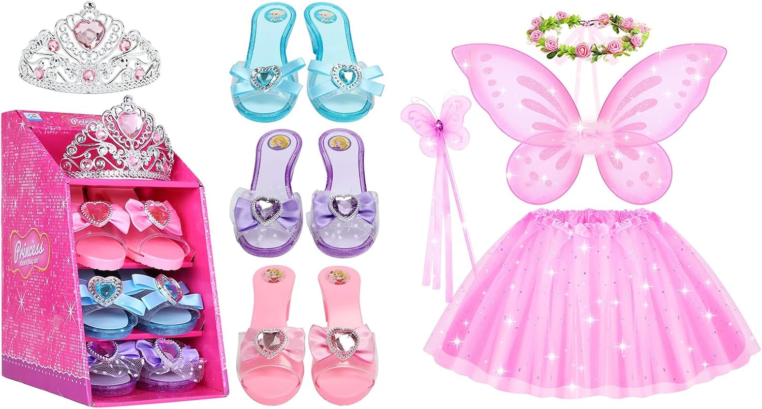 Mastom Fashion Princess Dress Up Shoes and Fairy Costume for Girls with Butterfly Fairy Wings Tutu Wand Floral Headband