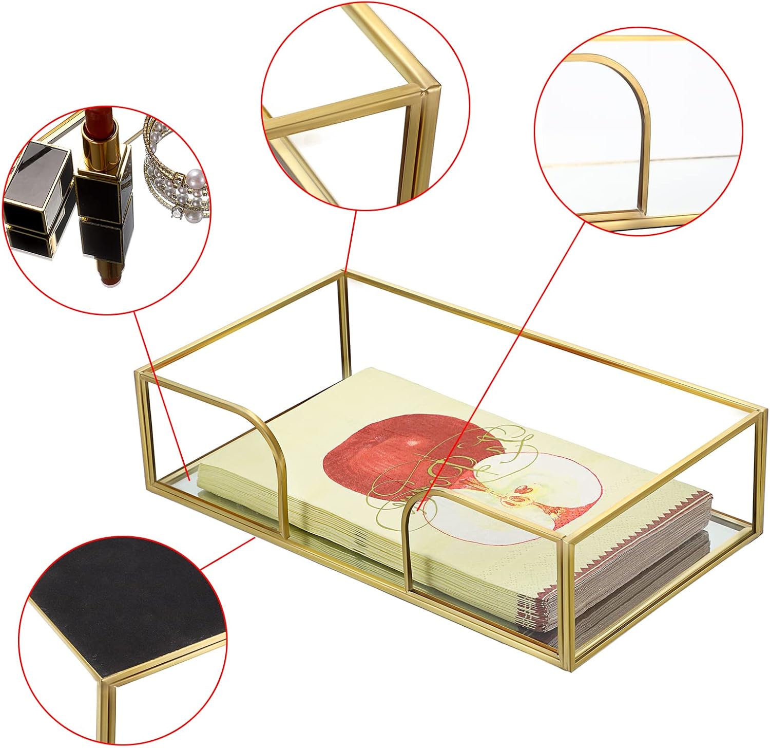 Sumnacon Bathroom Guest Towel Holder - Rectangle Glass Napkin Holder for Guest Hand Towels Paper Napkins, Decorative Napkin Holder Tray for Bathroom Vanity Toilet Tank Table Kitchen Countertop, Gold - Image 4