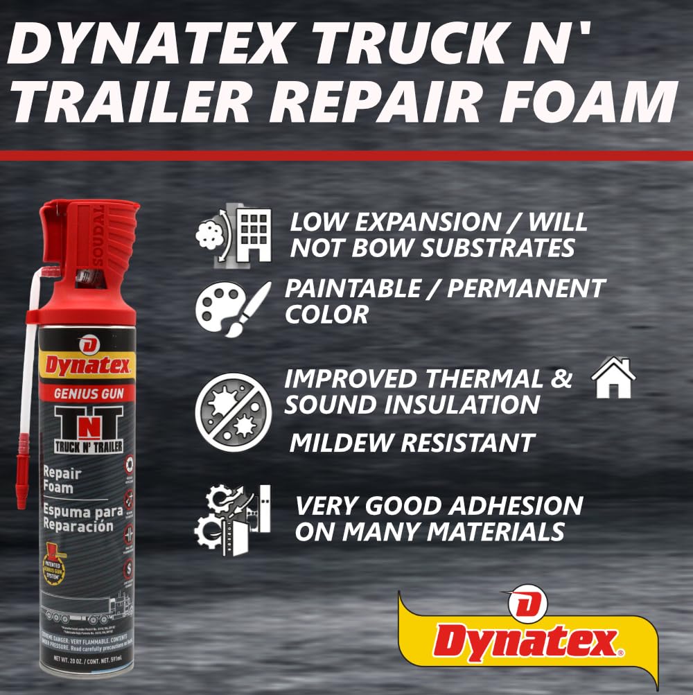 Dynatex Truck N Trailer Repair Foam 20 oz Can w/Genius Gun - Low Pressure Expansion, Sound & Thermal Insulation, Reusable Up to 6 Weeks (2-Pack)