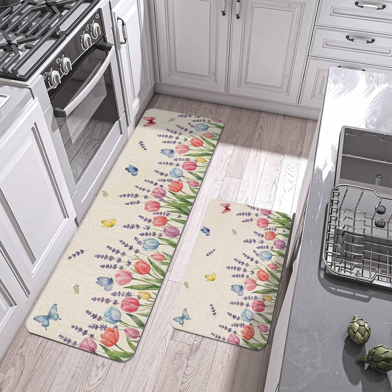 Summer Flower Kitchen Mat Set 2 Pieces Rustic Pink Tulips Floral Color Butterfly Linen Texture Non Slip Kitchen Rugs Washable Runner Rug Mats for Floor Sink Laundry Office 19.7" x 31.5"+19.7" x 47.2"