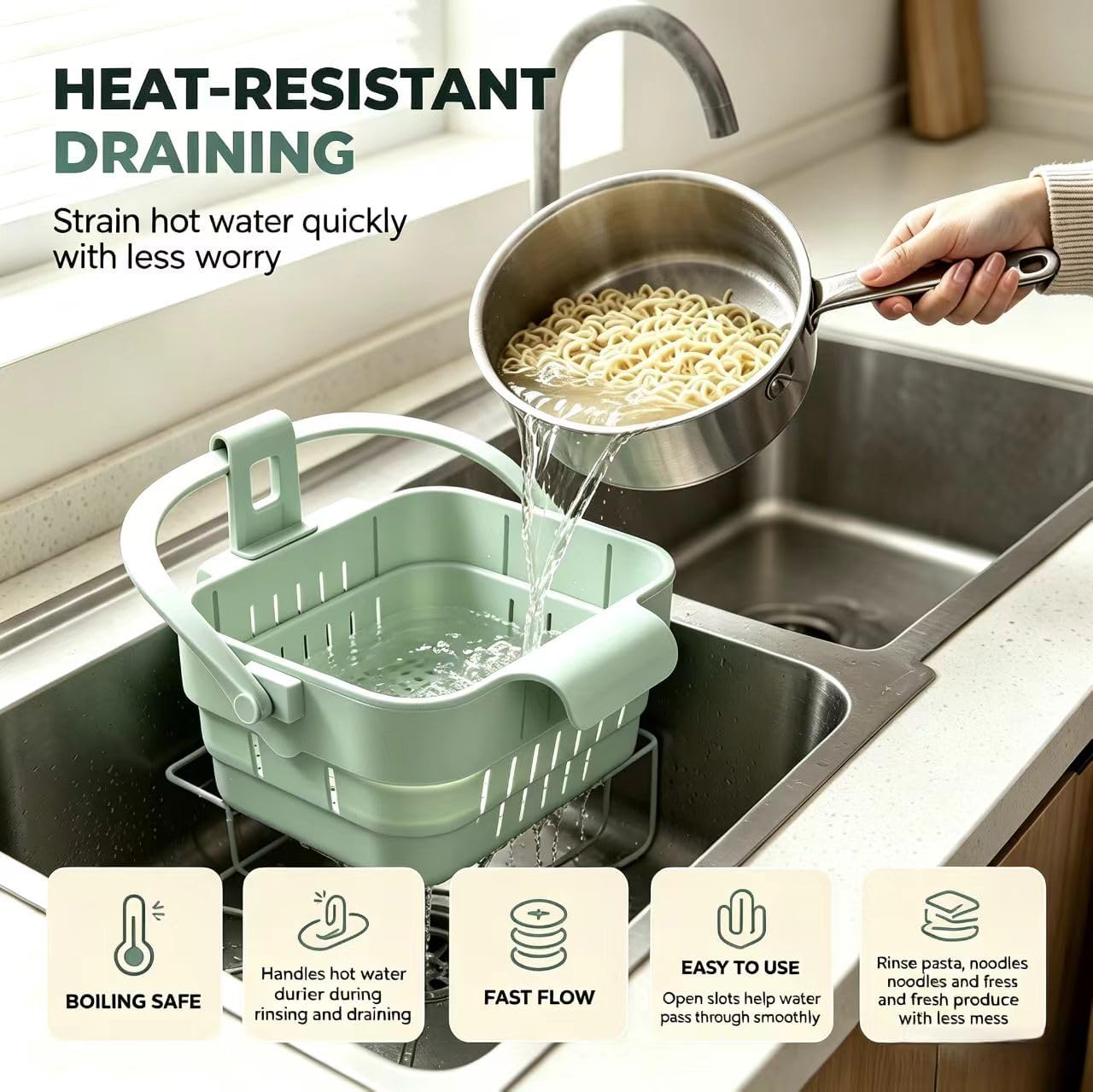 Foldable Hanging Sink Drain Basket for Kitchen,Over Sink Hanging Strainer Basket, Plastic Kitchen Filter for Food Waste, Fruit Vegetable Washing & Residue Catcher(White)