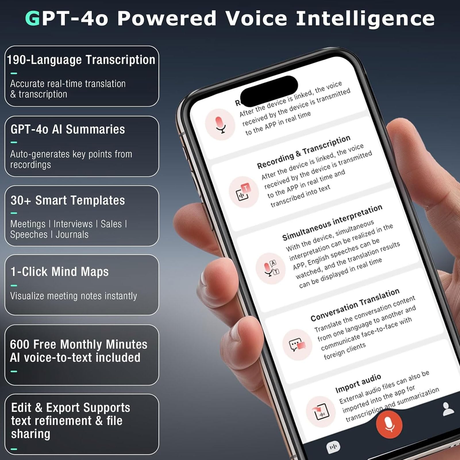Zunate AI Recorder, Transkrypcja i Podsumowanie w Czasie Rzeczywistym za pomocą GPT 4.1 Technologia Dual Recording Silny Inteligentna Redukcja Szumów Obsługuje 112 Języków na Spotkania (128G)