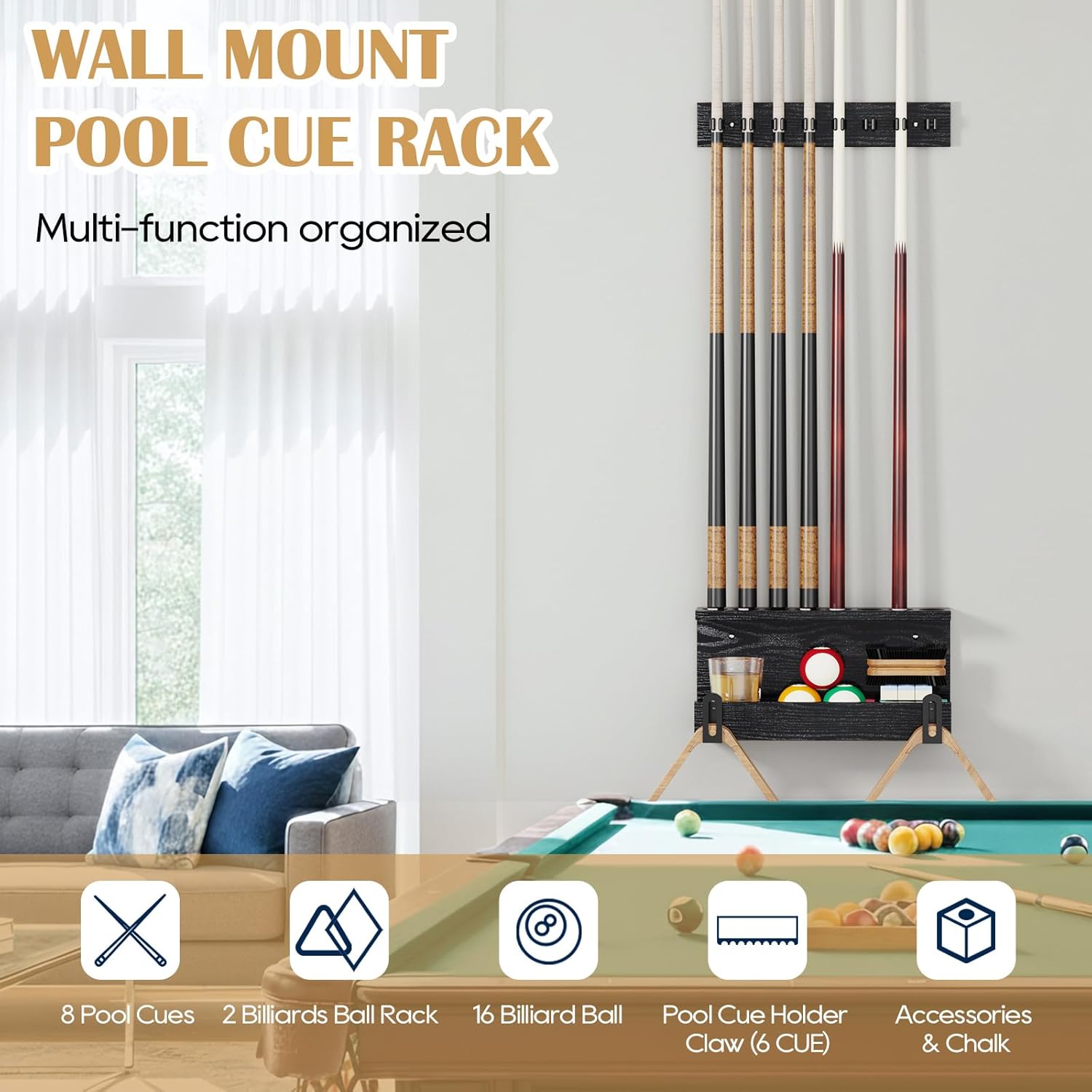 Large Pool Stick Holder Wall Mount, Pool Cue Set Holder for 8 Cues Sticks Storage Pool Table Accessories Equipment Organizer, Cue Rack Billiards Accessories for Game Room Bars Clubs Billiard Players