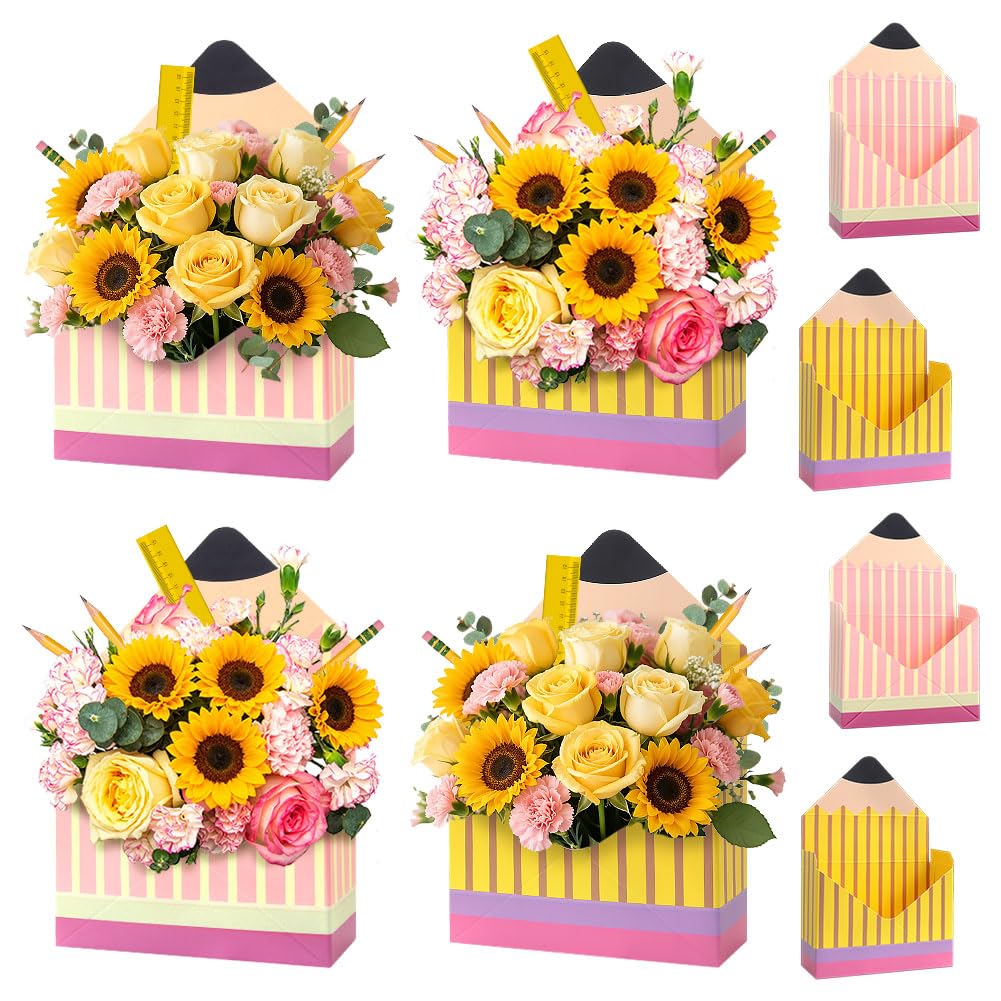 4 Pcs Back to School Gift Boxes Pencil Design Florist Bouquet Envelope Box Flower Bouquet Package Gift Folding Paper Boxes for Teacher Appreciation Gifts,Wedding,Birthday (2 Colors)