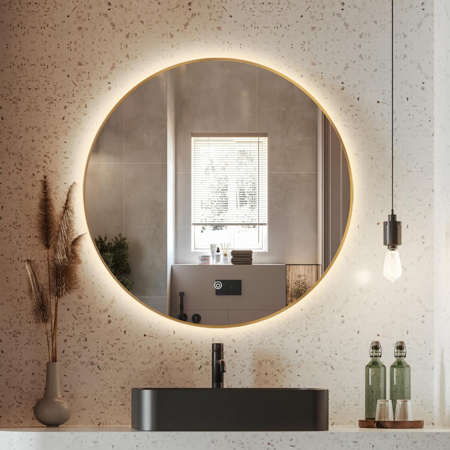 Niccy 28" LED Backlit Round Mirror for Bathroom, Gold Framed Vanity Light Wall Mirror LED Smart Circle Mirrors with 3 Lighting Colors, Dimmable Lighted Mirror with Anti-Fog, IP65 Waterproof Gold 28"L x 28"W