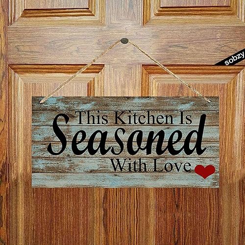 Miniatura 3 de Sobzy Letrero decorativo de madera rústica con texto en inglés This Kitchen Is Seasoned With Love  Cartel de pared de 5.9 x 11.8 pulgadas