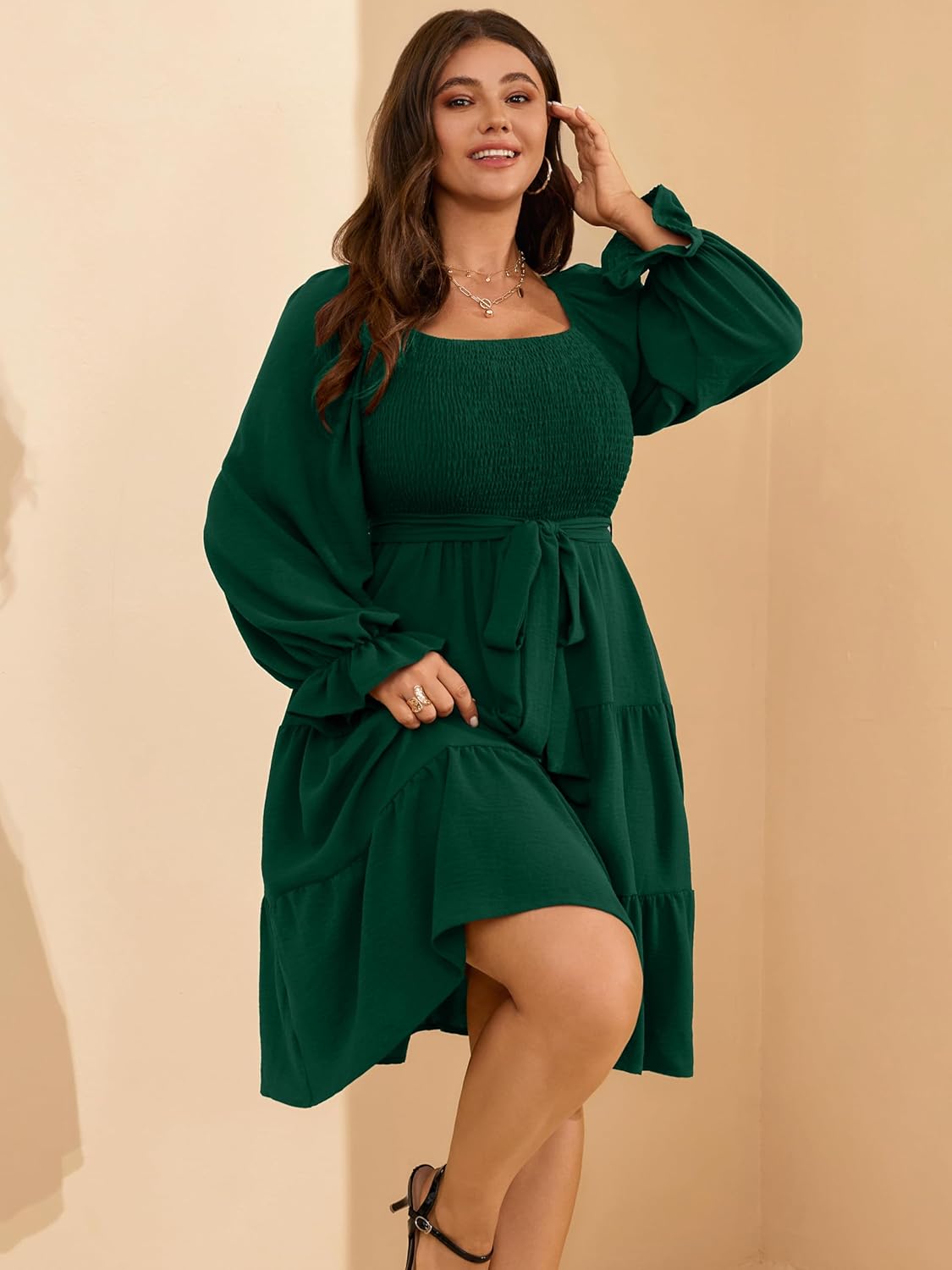 RWJ Womens Plus Size Fall Dress Long Sleeve Smocked Square Neck A-Line Wedding Guest Party Mini Dresses with Belt - Image 3