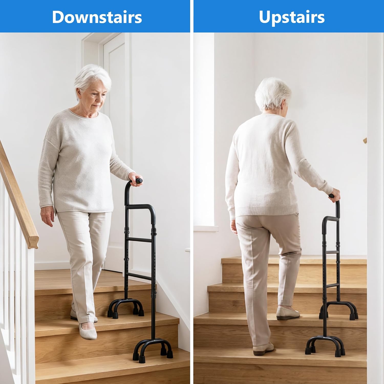 Stair Assist & Climbing Cane, 13-Level Adjustable with 8-Cylindrical Rubber Foot Pads & Ergonomic Handle, Carbon Steel Helper for Mobility Aids Users (Fits Stairs & Flat Surfaces)