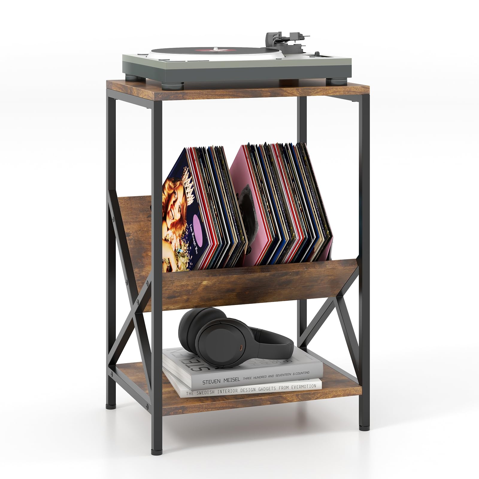 COSTWAY Mesa Auxiliar de 3 Niveles, Mesa Tocadiscos con Revistero para Vinilos Pequeños y Medianos, Marco de Metal en Forma de X y Almohadillas Ajustables, Mueble Tocadiscos Vinilos, 40 x 30 x 61 cm