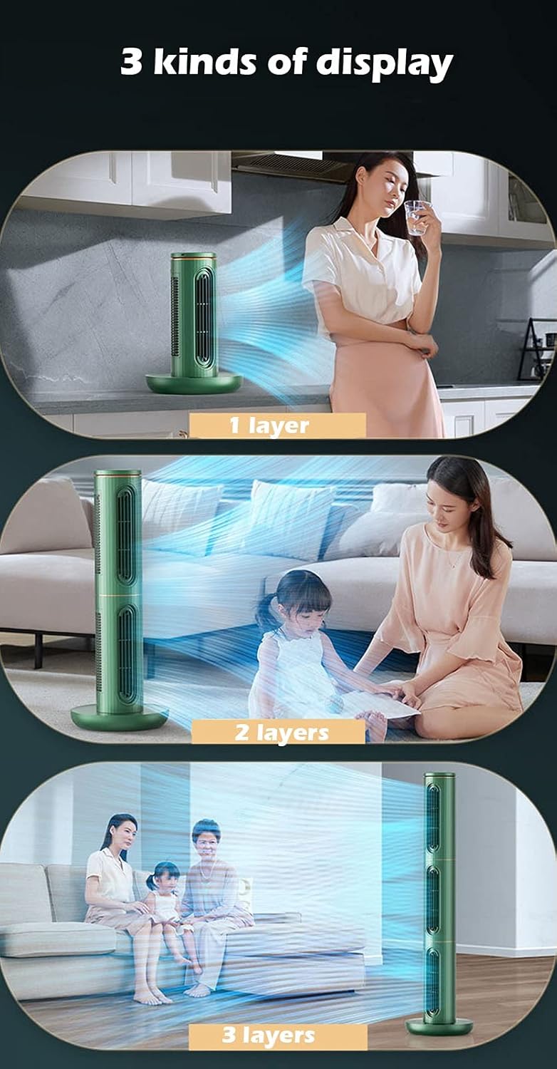Oscillating Tower Fan Remote Control Bladeless Tower Fan Three Layers Can Be Spliced and Four Wind Patterns Three Wind Speeds Suitable for Living Room Kitchen Office Green