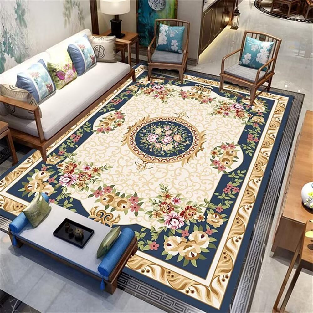 Tapis salon grande taille 200x300cm bleu et beige à motif floral vintage