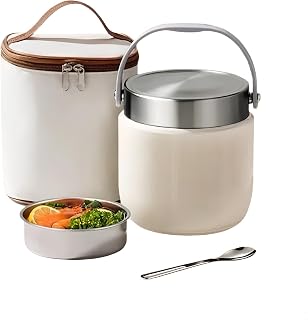 Large 40/50oz Stainless Steel Lunch Container, 2-Tier Portable Food Jar with Handle, Leak-Proof Interior, Easy to Clean, Keeps Hot or Cold for Office and Travel (50oz,White)