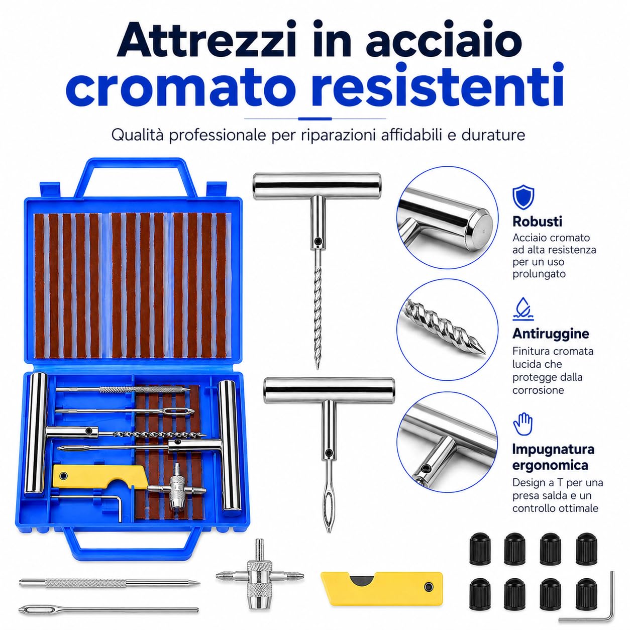 Kit Riparazione Pneumatici Tubeless 37 Pezzi Gomme Auto Moto Strisce Attrezzi Tappi Valvola