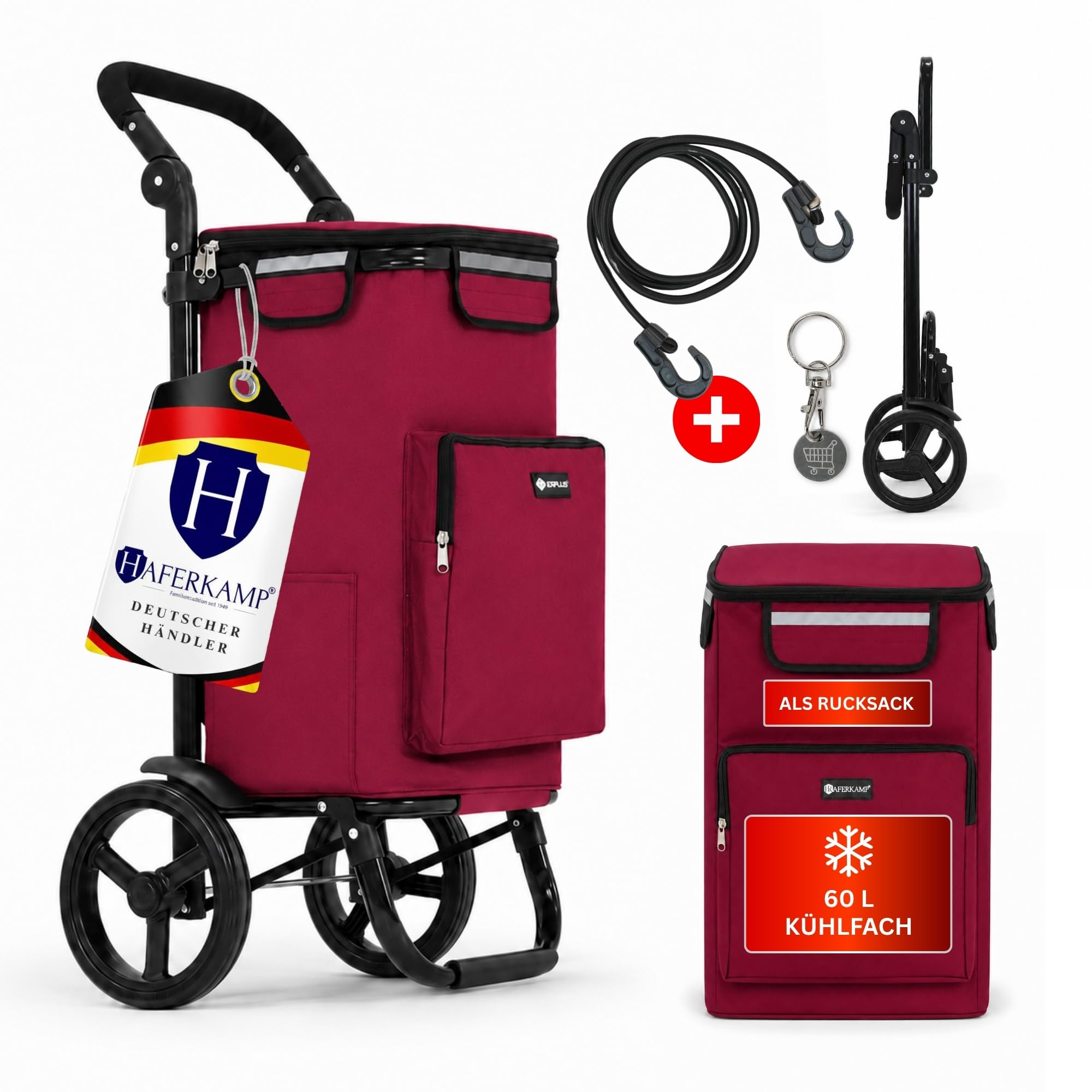 Klappbarer Einkaufstrolley TRAGINO 3-in1 Einkaufswagen, Bordeaux Rot | mit Kühl- und Getränkefach, groß, modern & abnehmbare Tasche, höhenverstellbar, mit Reflekotren, Volumen: 60 Liter