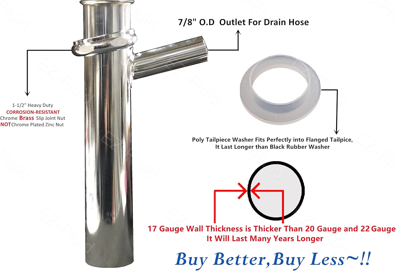 EZ-Fluid Thick Heavy Duty 17GA Chrome Brass 1-1/2" X 8" Dishwasher Branch Tailpiece Slip Joint Direct Connect with 7/8" Dishwasher Drain Hose Outlet,Brass Nut,Flanged Sink Drainage Pipe,P-Trap.