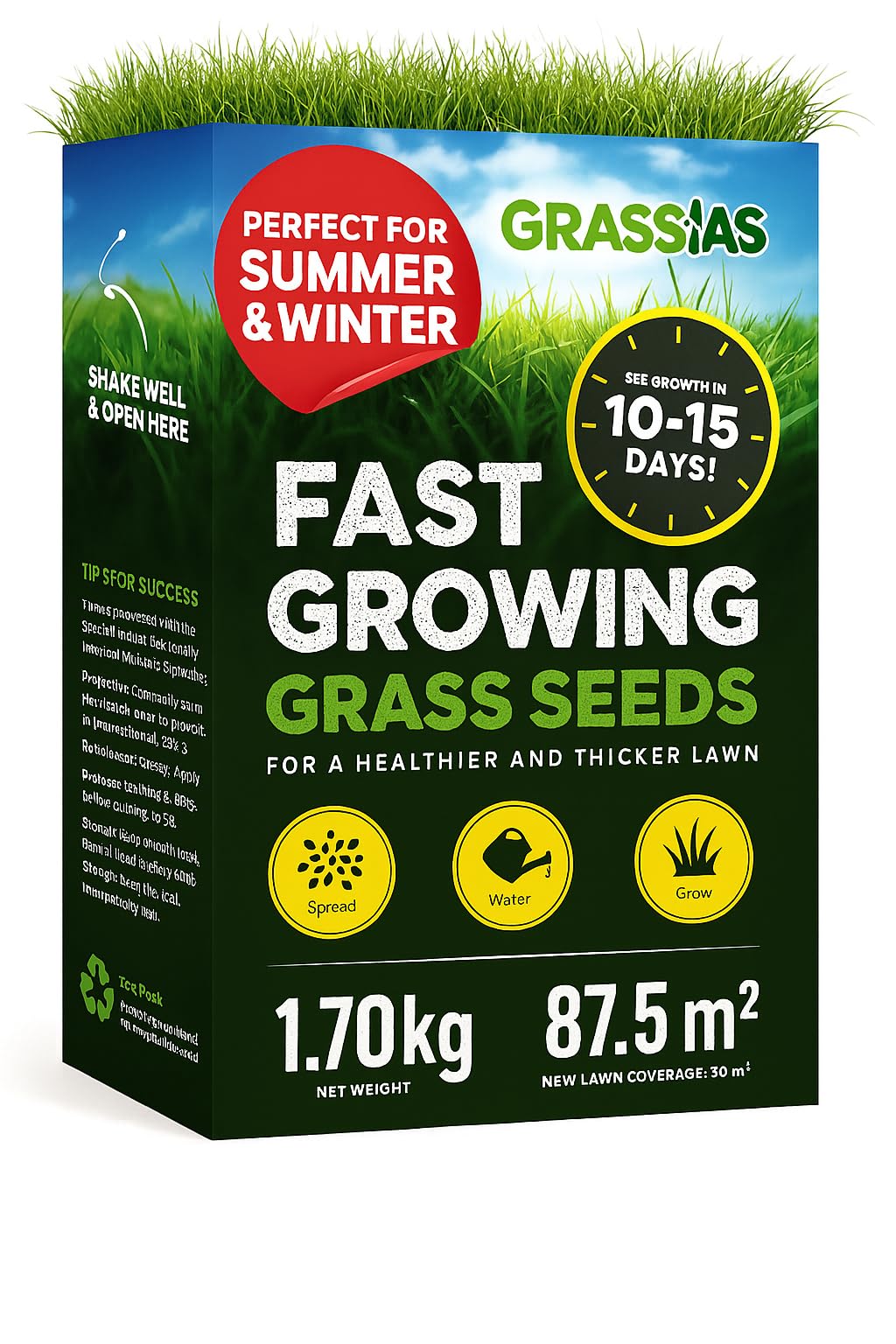 Grassias Fast Growing Grass Seed – 1.70KG Premium Quality Lawn Seed for Overseeding & New Lawns – Hard Wearing & Pet Friendly - Perfect for UK Lawns - Winter & Defra Approved