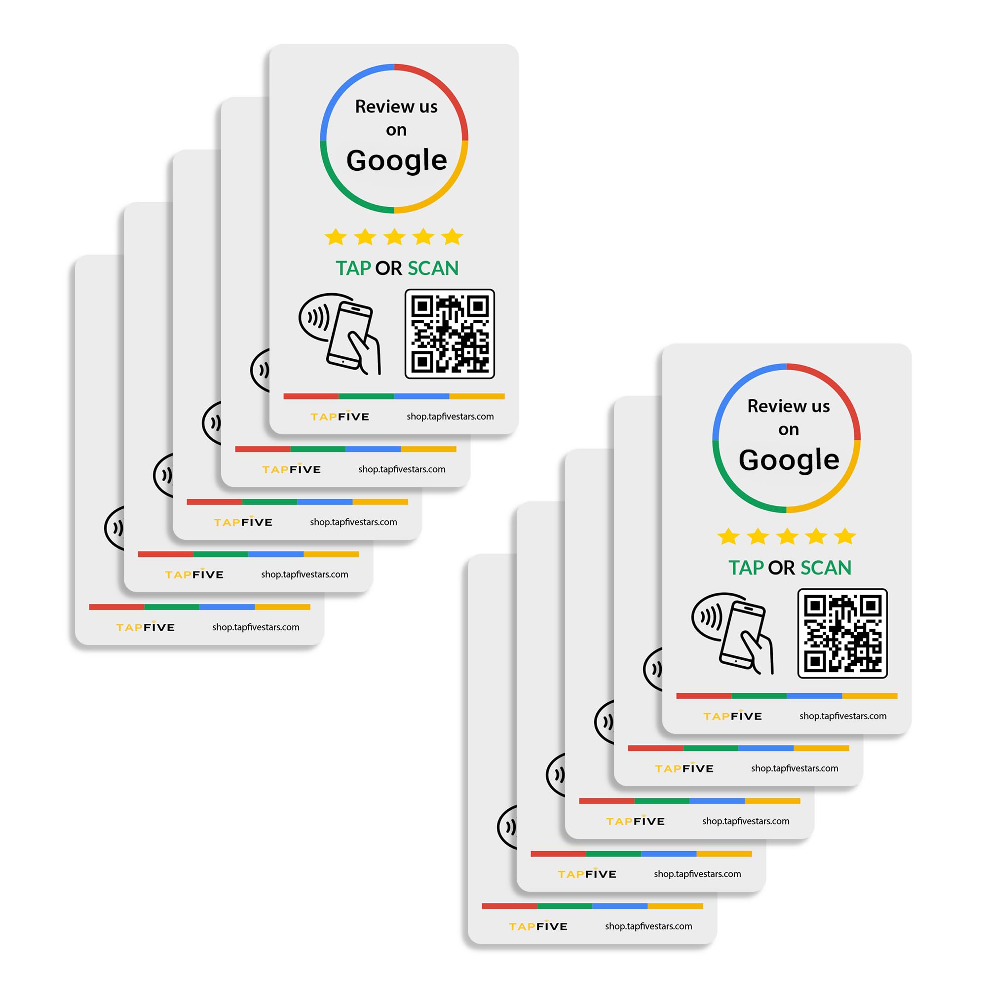 Google Review Stickers 10-Pack by TapFive - NFC Tap & QR Code Stickers for Business - Leave a Review Sticker for Instant Google Reviews - Smart Tap Compatible All Phones - Boost Ratings (10 Stickers)
