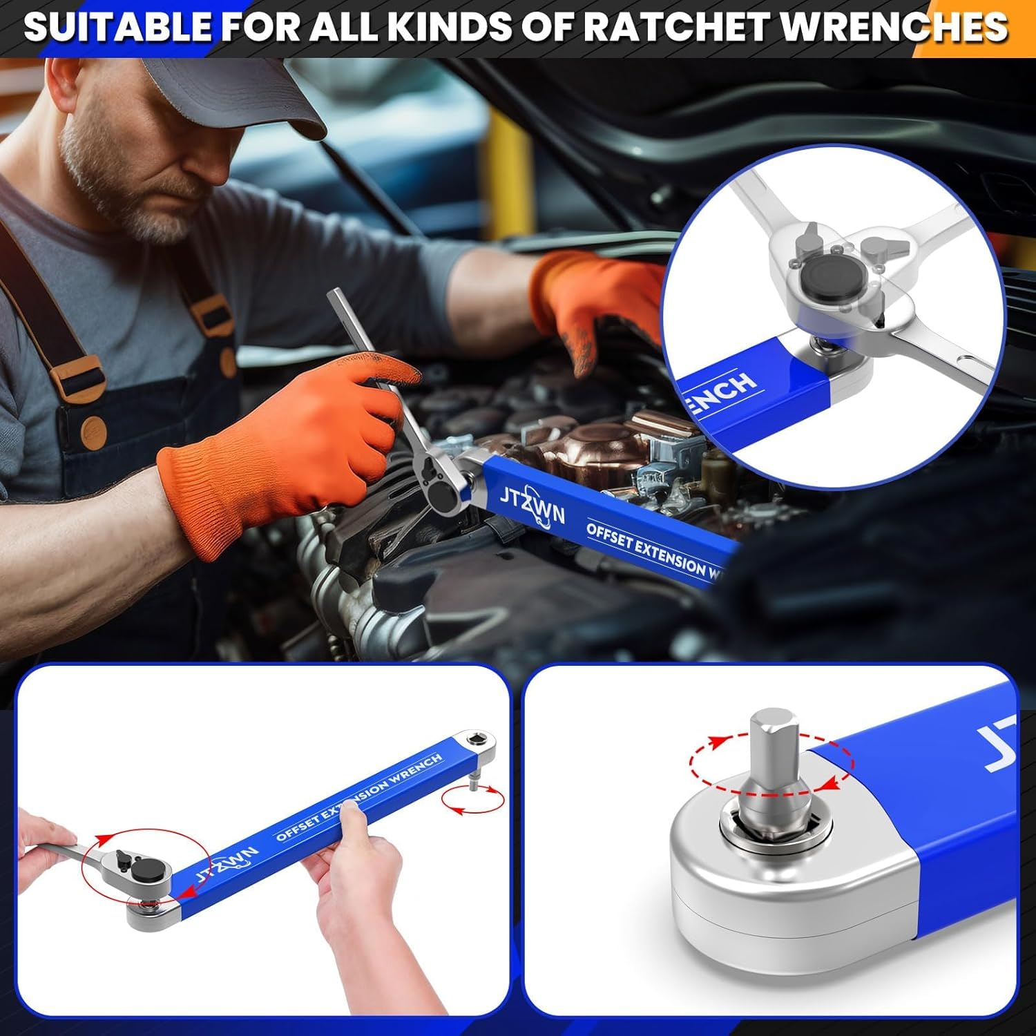 Offset Extension Wrench, 15 Inch Impact Ready Offset Extension Wrench Set, with 1/2", 1/4" and 3/8" Square Adapters Drive Socket, Extension Ratchet Wrench for Small Place