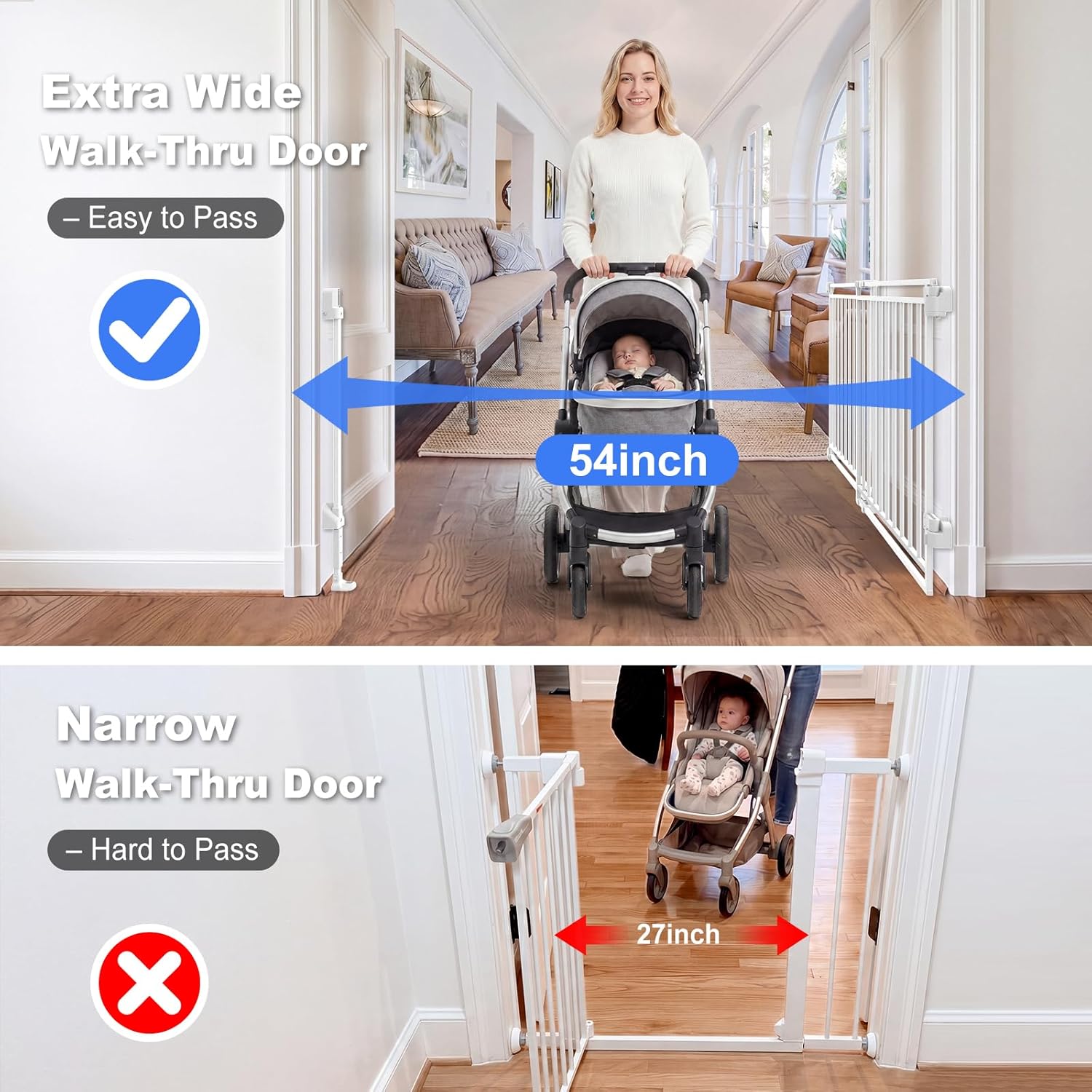 Betertek Baby Gate for Doorways&Top/Bottom of Stairs-No Bottom Bar&Extra Wide Walk Thru Door, 31-54"W Heavy Duty Chew&Impact Resistant Safety Dog Gate, Hardware Mount (Drill Required) Indoor Pet Gate