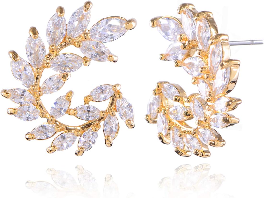 CZ Cluster Earrings for Women Gorgeous Marquis-Cut Cubic Zirconia Curved Bridal Wedding Banquet Stud Earrings for Bride Bridesmaids Fashion Olive Branch Stud Earring Leaves Shape Jewelry
