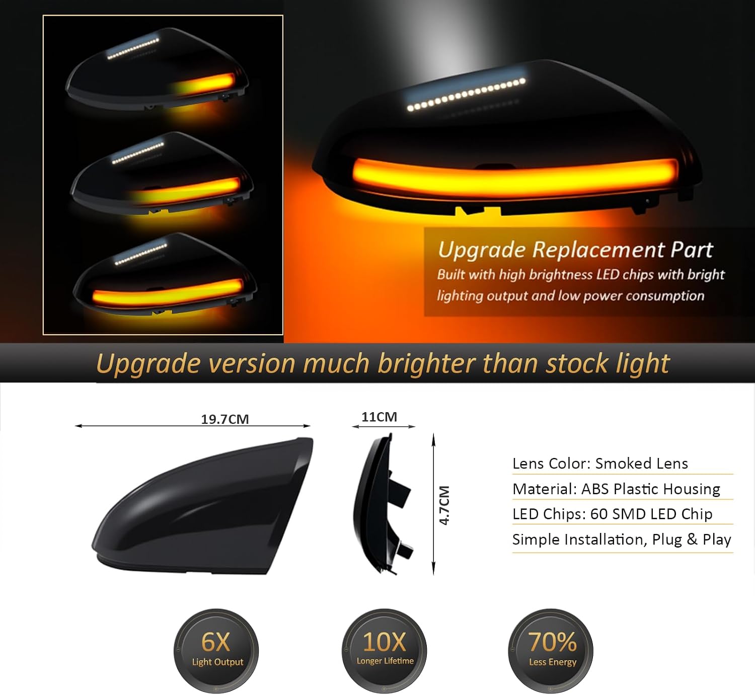 D-Lumina Sequential LED Driver Side Mirror Turn Signal Light Smoked Lens Puddle Lamp for Dodge Ram 1500 2009-2018, Ram 2500 2010-2018, Dynamic Indicator Strip Mirror Light, Replacement for 68064949AA