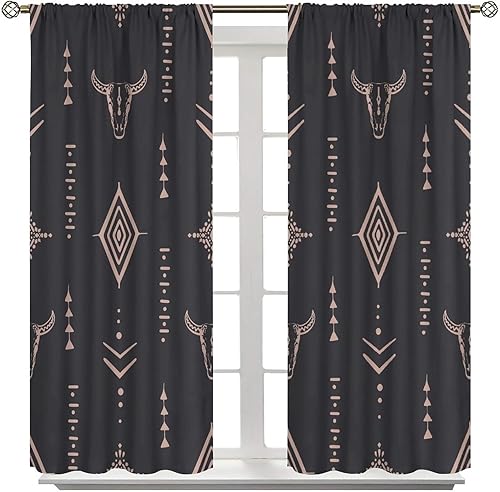 Miniatura 8 de Cortinas occidentales con diseño de calavera de toro, estampado de arte azteca bohemio para dormitorio, sala de estar, cocina, decoración con