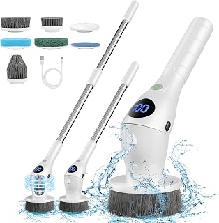 Electric Spin Scrubber - Cleaning Brush with Led Lighting, Cordless Power Scrubber with 8 Replaceable Brush Heads, Adjustable Handle Shower Scrubber for Bathroom, Tub, Tile, Floor Wall