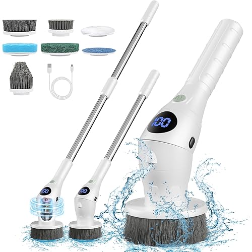 Electric Spin Scrubber - Cleaning Brush with Led Lighting, Cordless Power Scrubber with 8 Replaceable Brush Heads, Adjustable Handle Shower Scrubber for Bathroom, Tub, Tile, Floor Wall