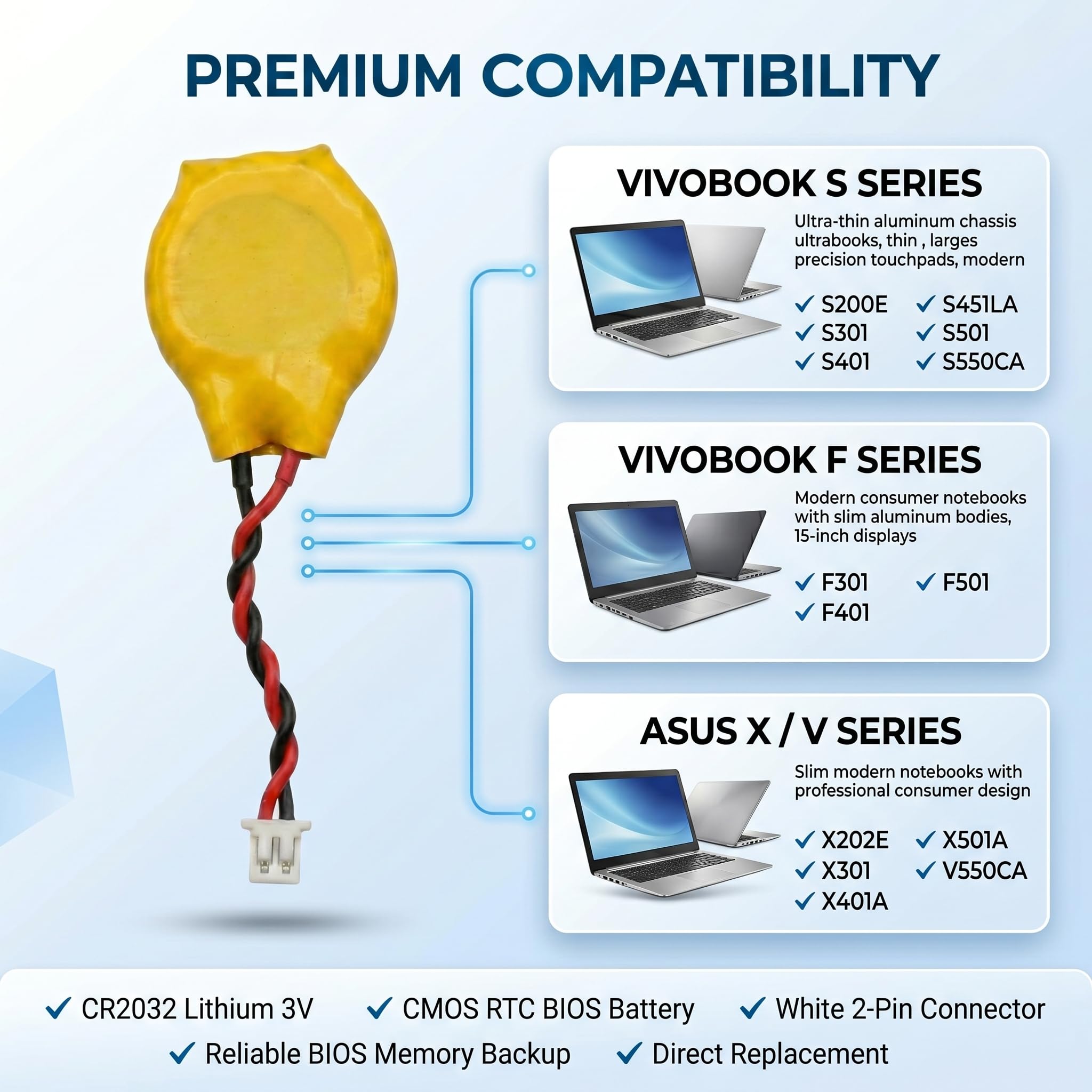 Pile CR2032 Lithium 3V,[ Lot de 10], CMOS RTC BIOS, Connecteur 2 Broches, Remplacement Pile Bouton, Compatible ASUS VivoBook S200E, X202E, X401A, X501A, S451LA, S550CA, V550CA