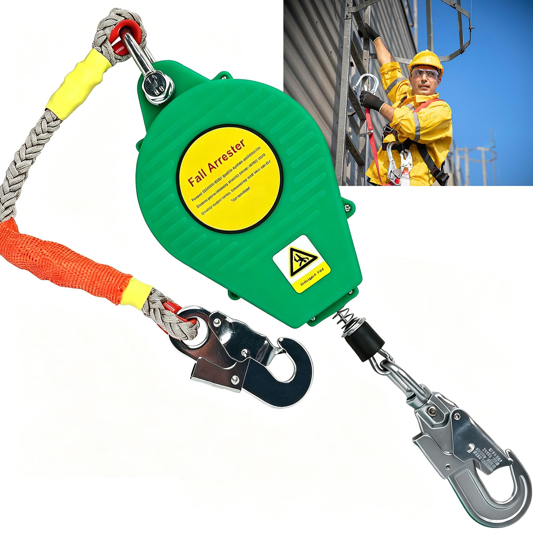 Dispositivo Anticaduta Retrattile Certificato 10m/15m/20m, Imbracatura di Sicurezza Anticaduta Tetto con Gancio Autobloccante, 150kg Dispositivo Sicurezza Anticaduta Tetto/ Lavoro Aereo (Verde, 10m)