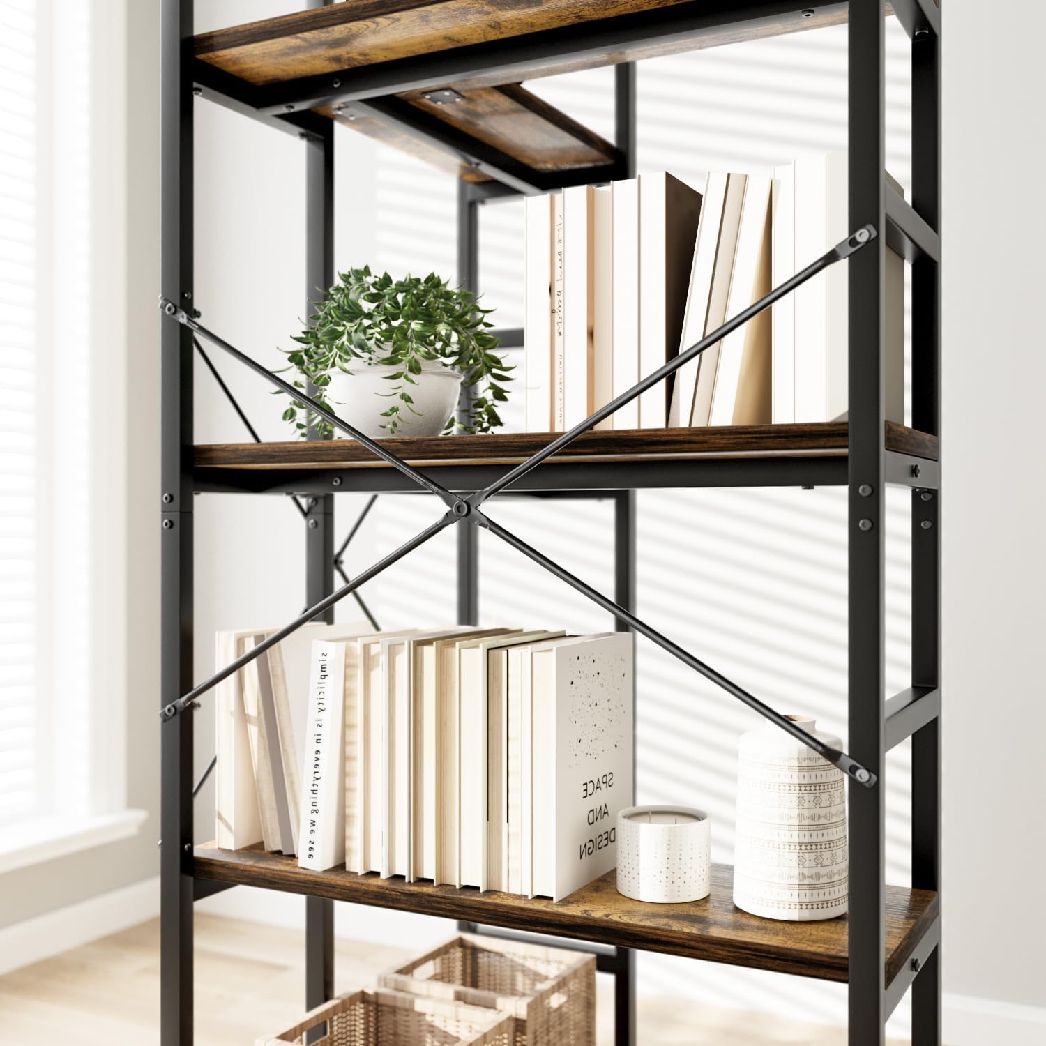 NUMENN 5 Tier Corner Bookshelf, Wood and Metal Bookcase Storage Shelf, 26.97'' x 22.64'' x 65.7'' Tall Corner Cabinet for Living Room, Bedroom, Home Office and Kitchen, Vintage Brown
