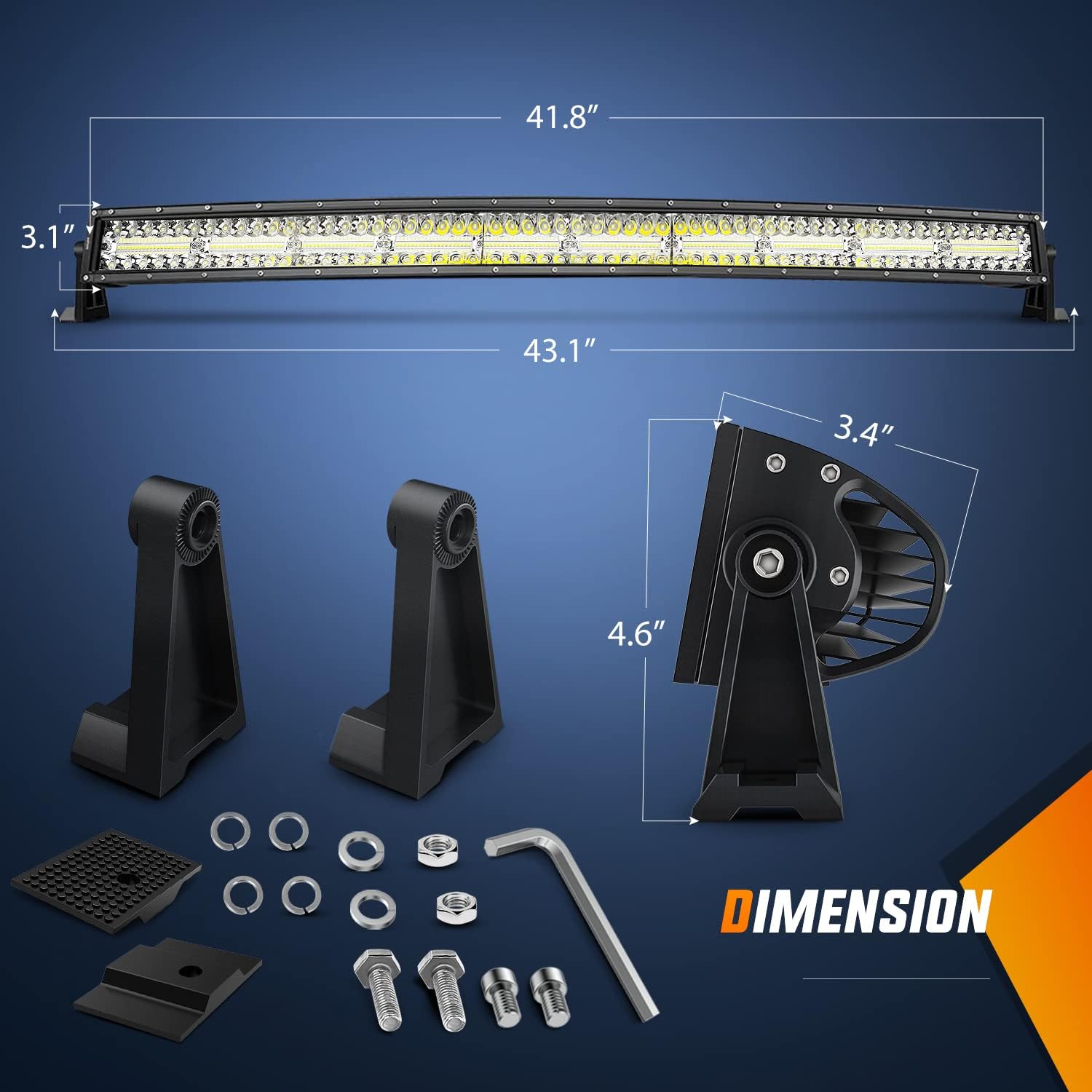 Nilight 42 Inch Curved LED Light Bar dimensions and included mounting hardware