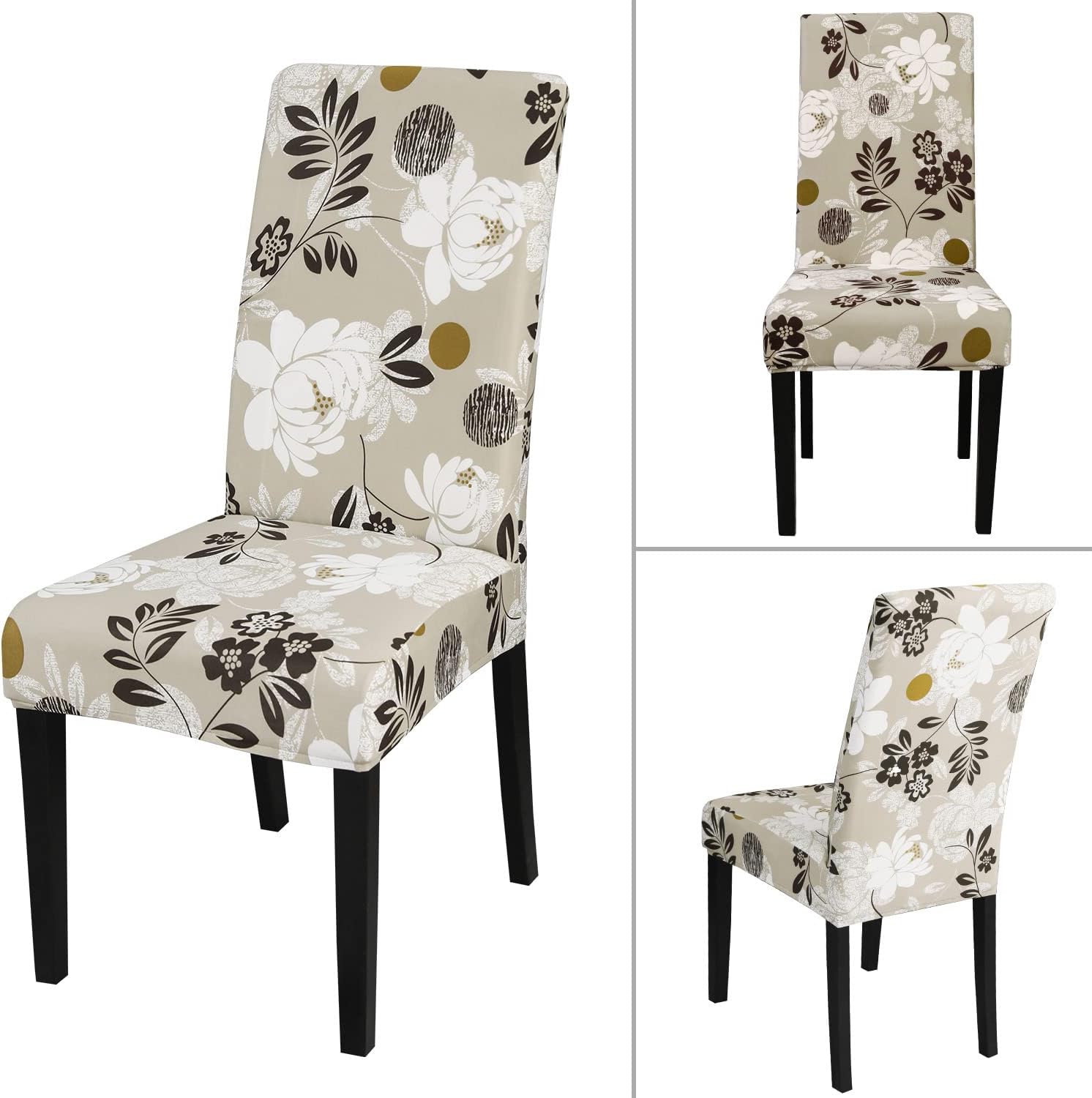 Set of 6 Beige Floral Stretch Dining Chair Covers