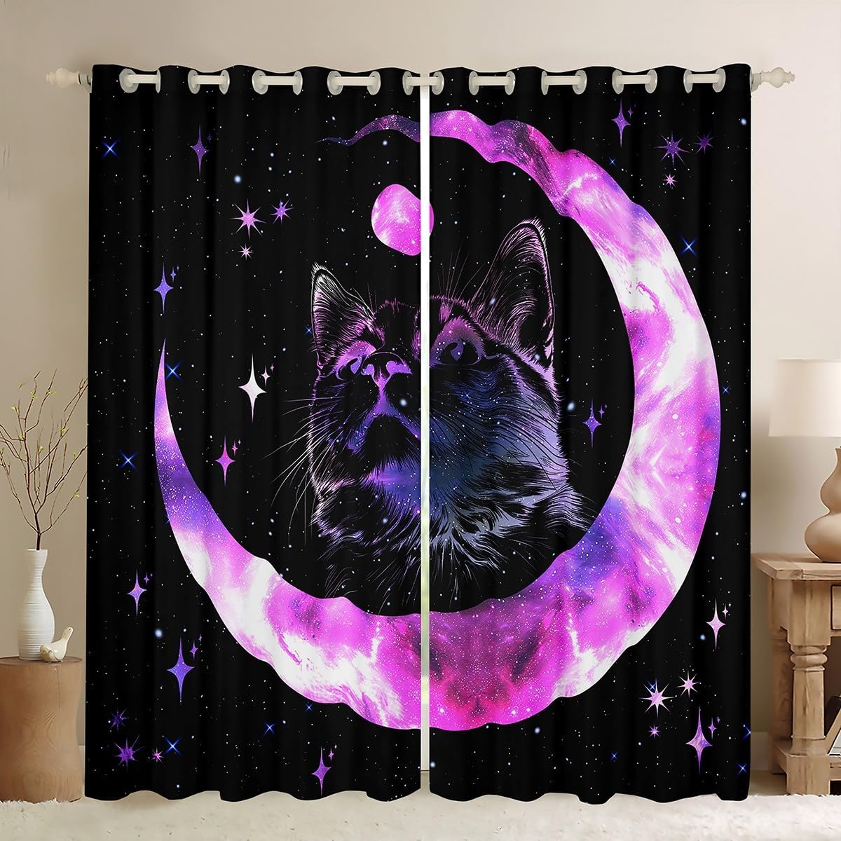 Manfei Cute Cat Kids Blackout Curtain Purple Moon Window Drapes for Boys Girls Room Decor, Black Starry Kawaii Animal Window Treatments, Grommet Top 2 Panel Set Bedroom Curtains, 42Wx84L inch