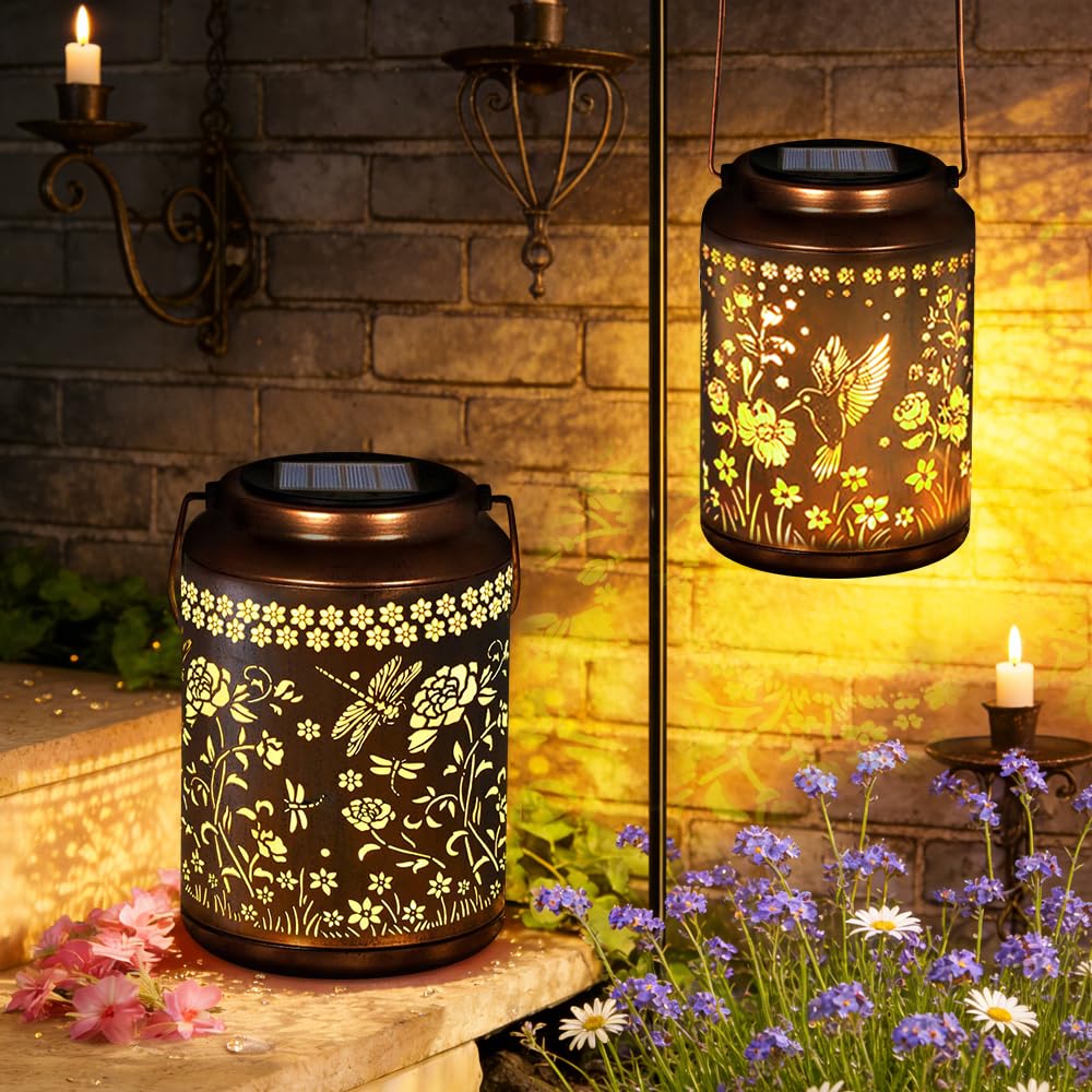 Hojalis 2Pcs Hummingbird & Dragonfly Solar Lanterns, Garden Ornaments Outdoor Gifts for Women Mum Grandma, Christmas Birthday Mothers Day Presents, Metal Waterproof Hanging Lights for Patio Yard Porch