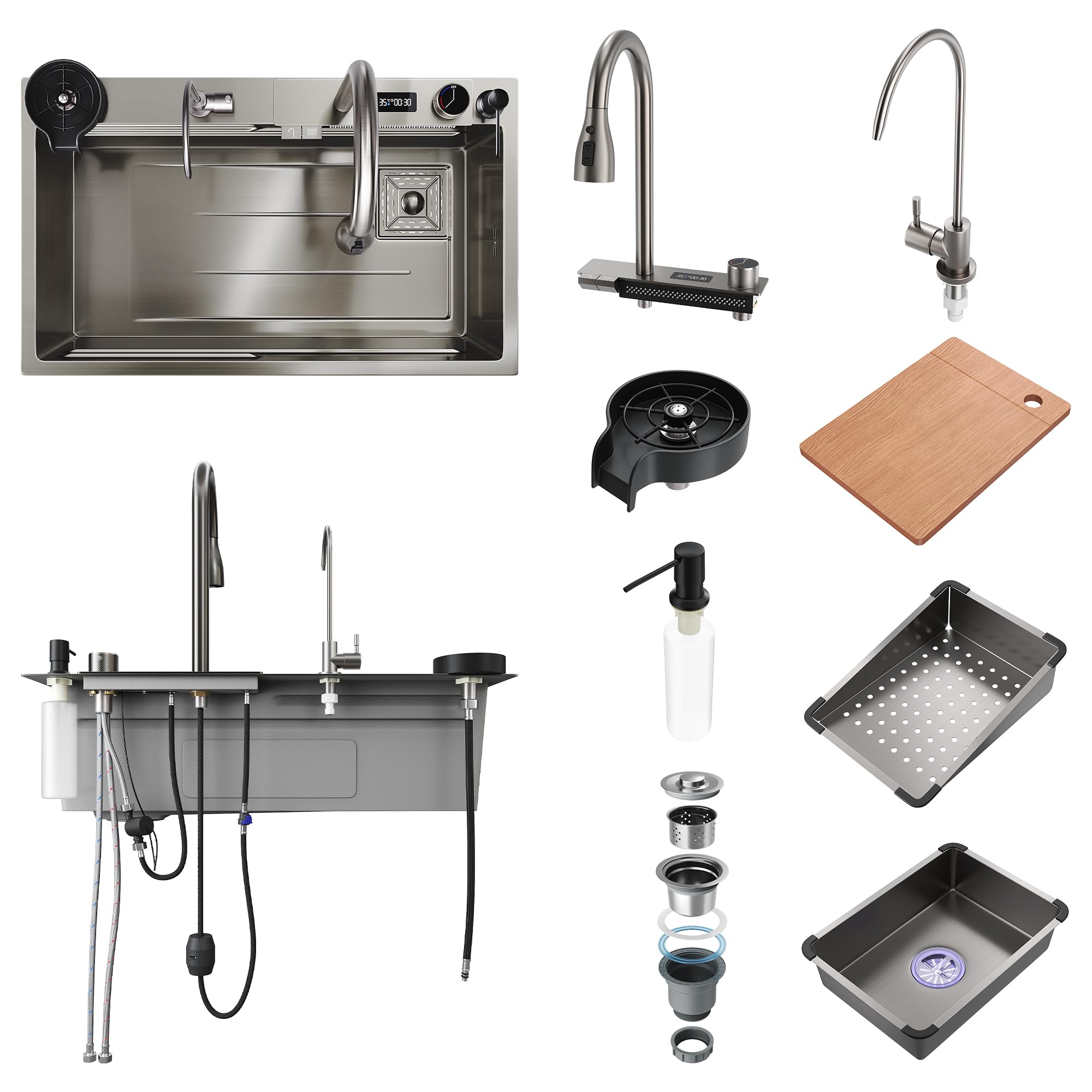 SONNI Lavello, lavello da cucina, cascata da cucina con rubinetto estraibile, indicatore di temperatura, lavastoviglie per tazze, cestello filtro dell'acqua, tagliere in acciaio inox 304, 80 x 45 x 23