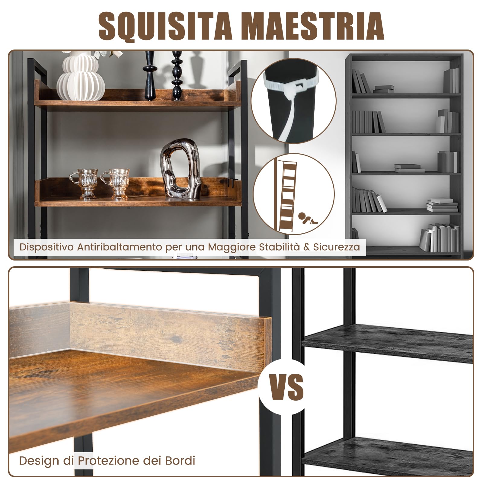 COSTWAY Scaffale a 6 Ripiani, Libreria Industriale Alta 177 cm con Ripiani Aperti e 4 Ganci, Scaffale Multifunzionale e Flessibile per Ufficio Soggiorno Camera da Letto e Cucina