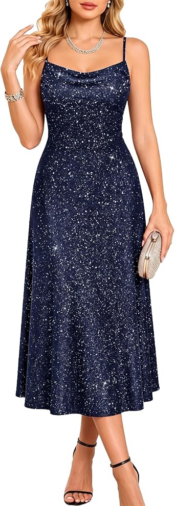 Bbonlinedress Women Summer Sequin Wedding Guest Dress Cowl Neck Spaghetti Strap Midi Cocktail Formal Evening Party Dress