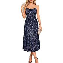Bbonlinedress Women Summer Sequin Wedding Guest Dress Cowl Neck Spaghetti Strap Midi Cocktail Formal Evening Party Dress