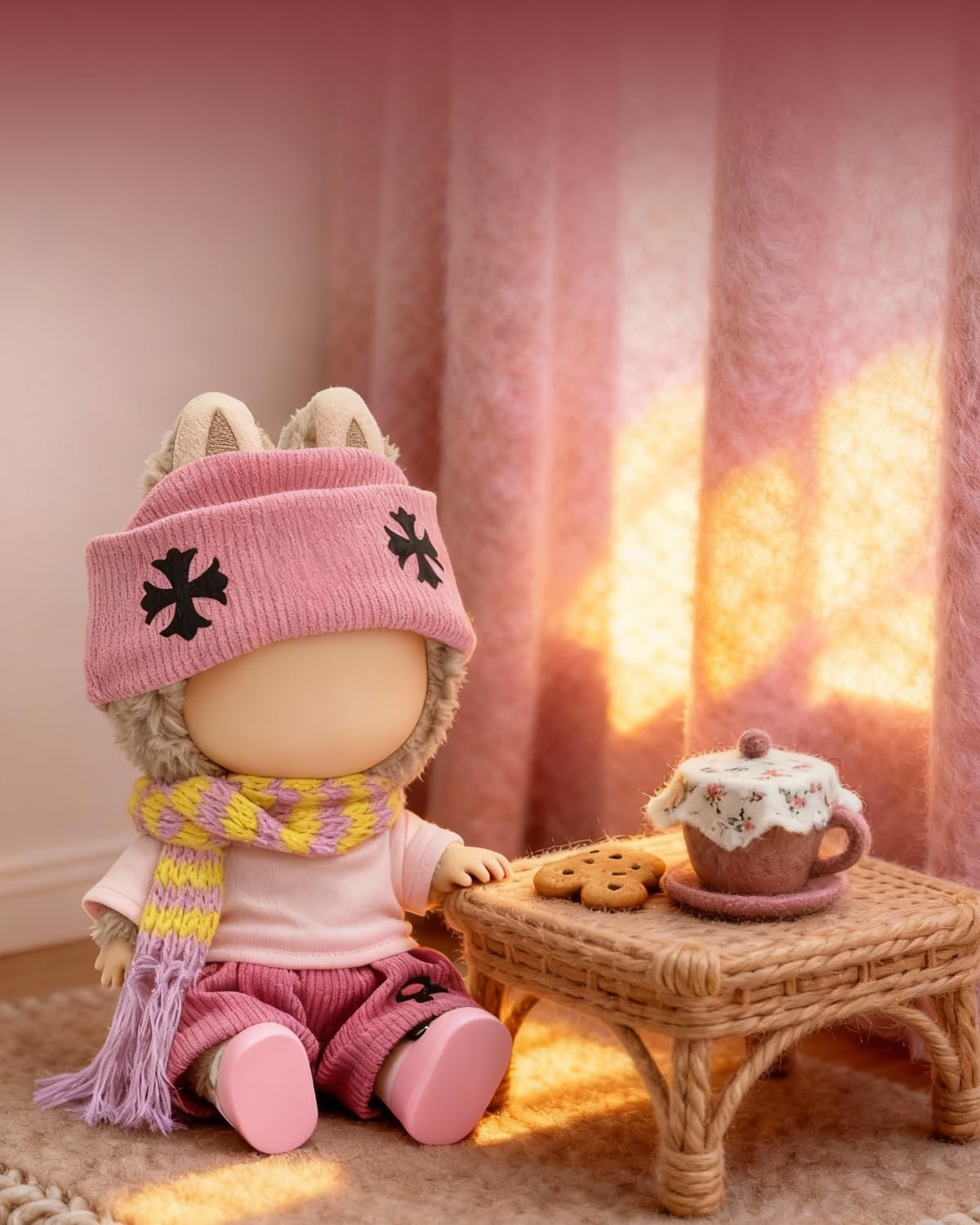 5Pcs Doll Clothes for Labubu – Pink Outfit Set with Hat & Scarf, Designer Clothes, Clothing & Accessories for 17cm Dolls (Doll Not Included)