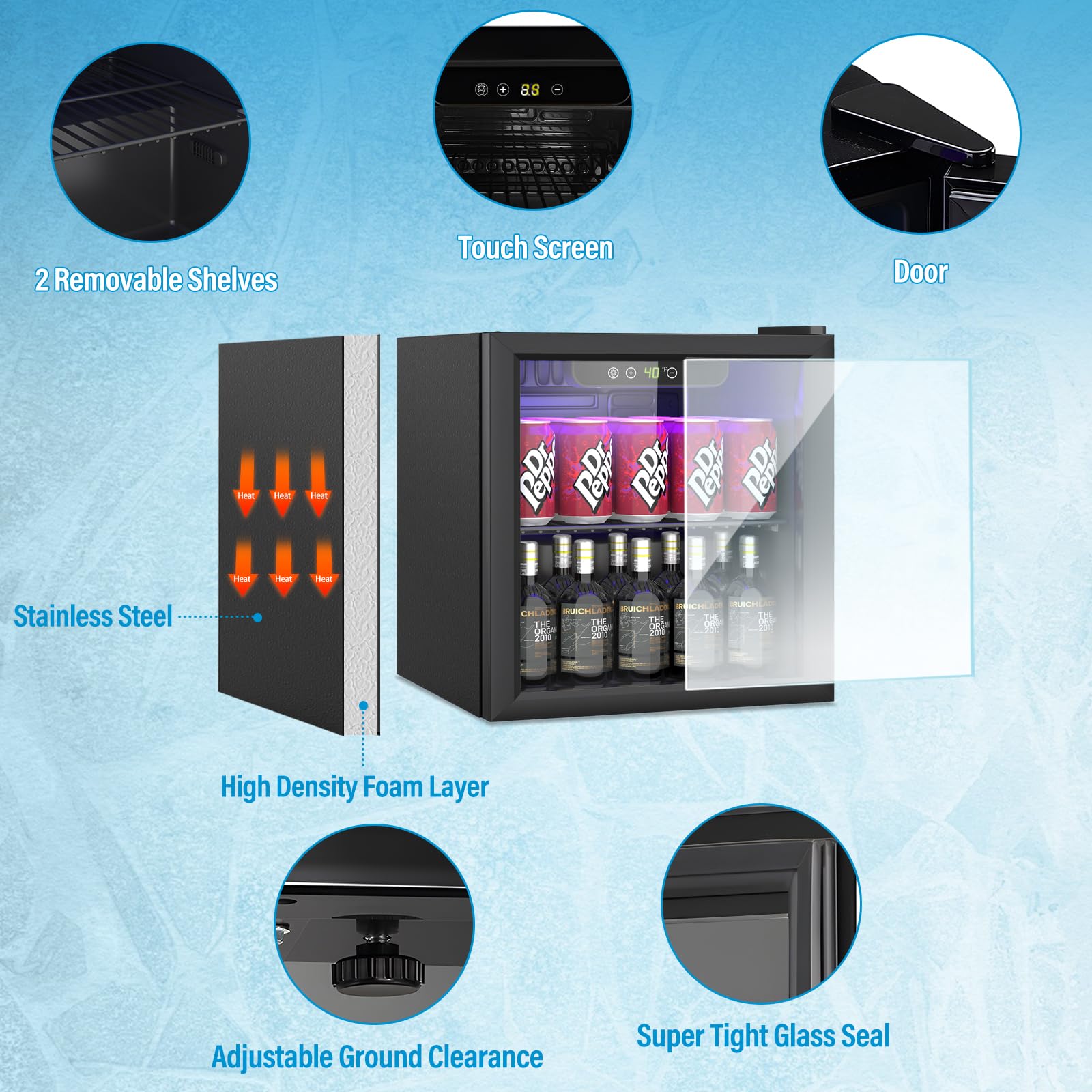 Erivess Compact Beverage Refrigerator,60 Can/1.3 Cubic Feet Fridge With Glass Front Door For Soda, Beer Or Wine, Under Counter Small Refrigerator With Adjustable Shelve & Digital Display on Fridge.com - View 2