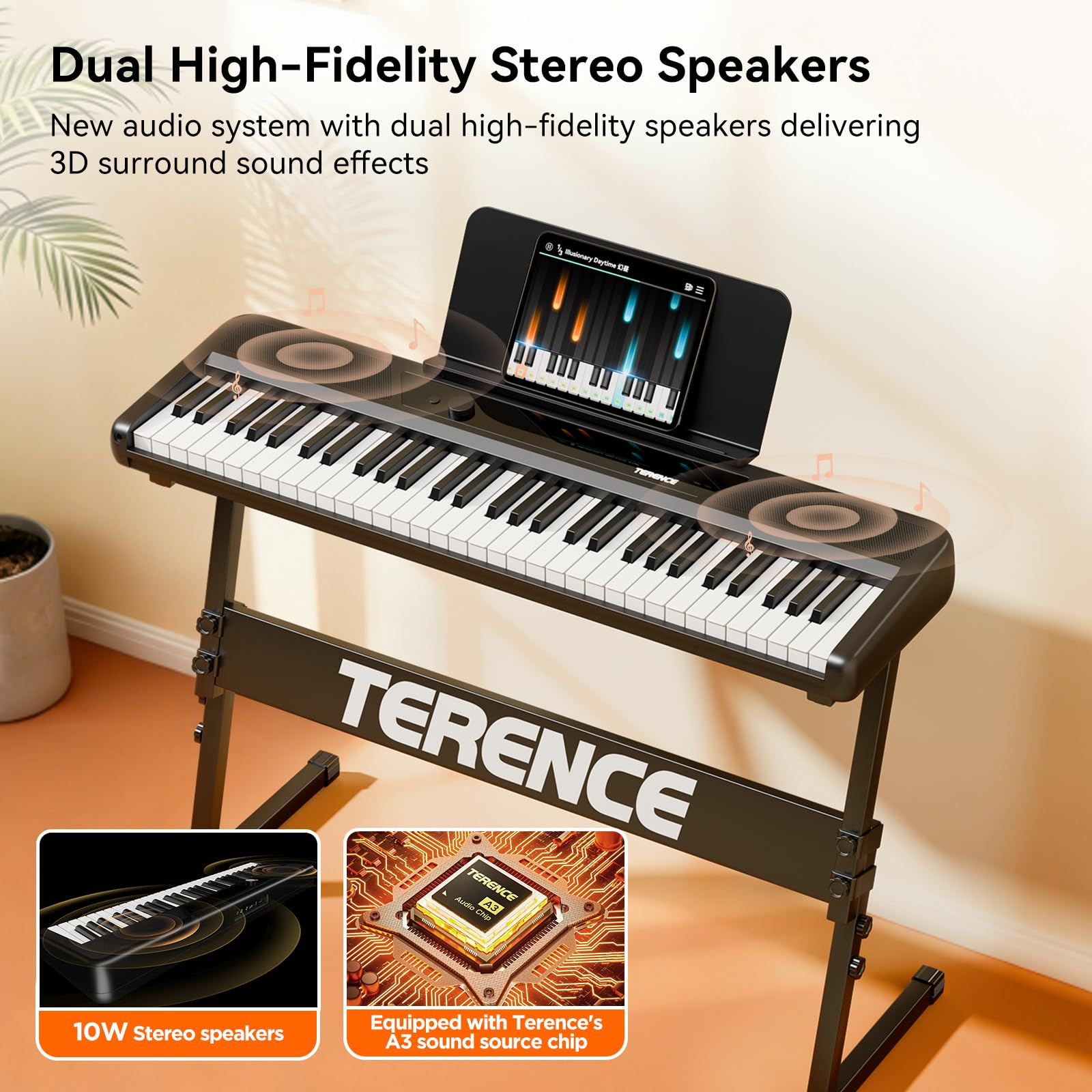 TERENCE Keyboard Piano 61 Tasten Klavier mit Ständer – Tragbares E-Piano für Kinder & Erwachsene 10W Lautsprecher Touch Response 128 Klänge Metronom & Aufnahmefunktion