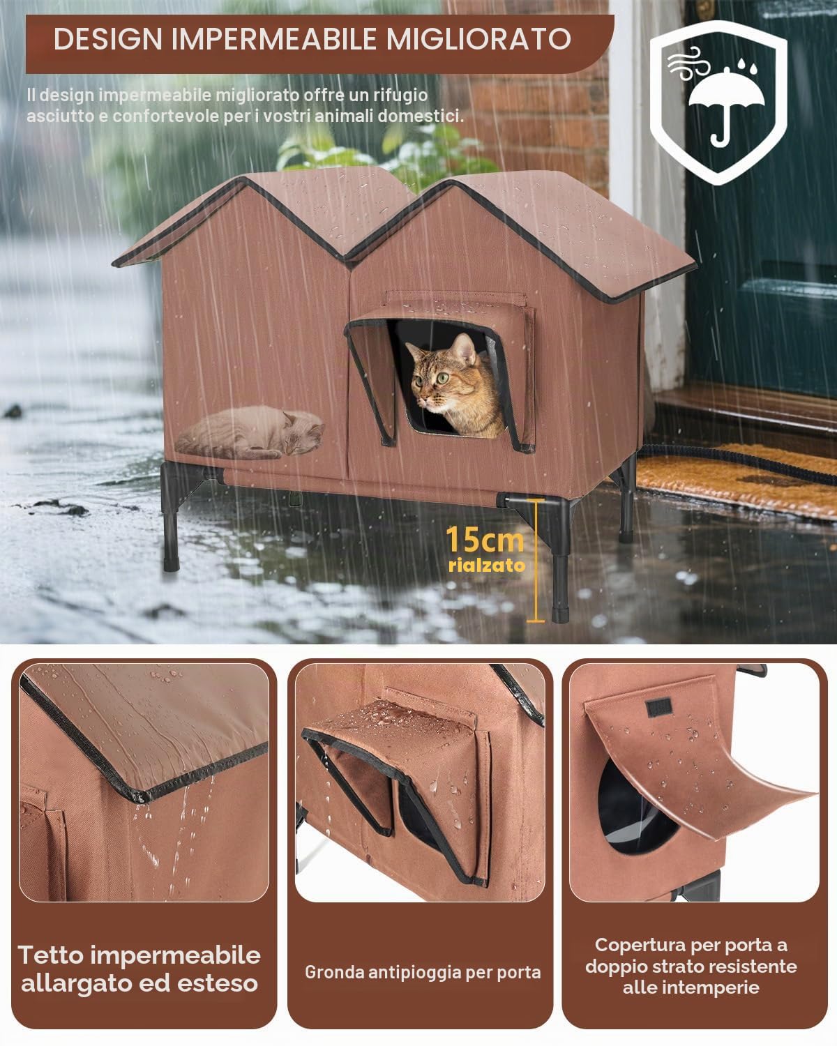 Grande casa per gatti riscaldata da esterno, impermeabile, morbida e calda, rialzata, con porte di fuga e tappetino riscaldante, robusta cuccia isolata per gatti e cani, marrone