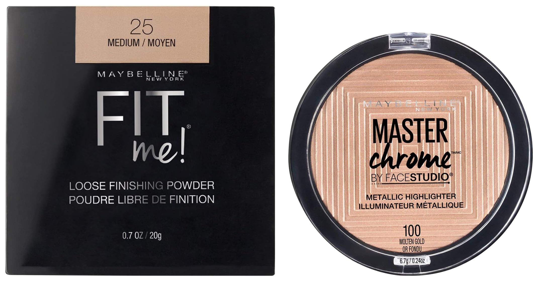 Maybelline New York Face Studio Master Chrome Metallic Highlighter, Molten Gold, 6.7g and Maybelline New York Fit me Loose Finishing Powder, 25 Medium, 20g