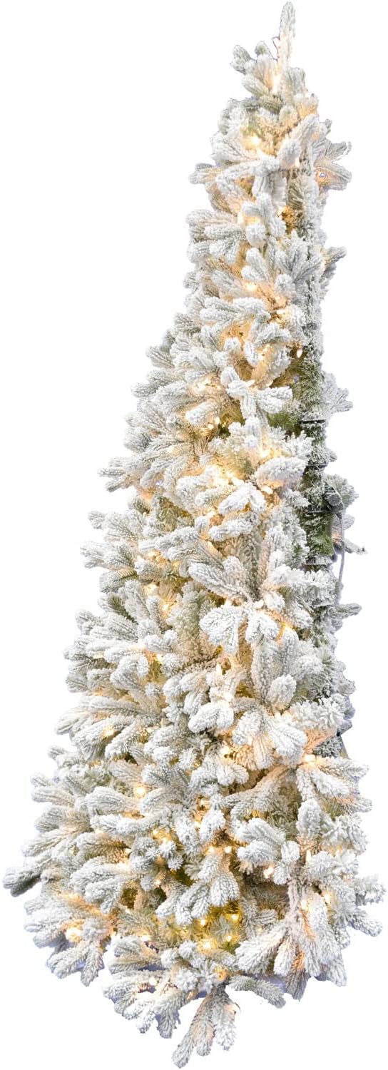 Christmas Time 6.5-Ft. Snow Flocked Half Christmas Tree with Warm White LED Lights | PVC Tips | Festive Holiday Decor for Home and Office | Space-Saving Corner Wall Christmas Tree | CT-HFA065-LEDFL