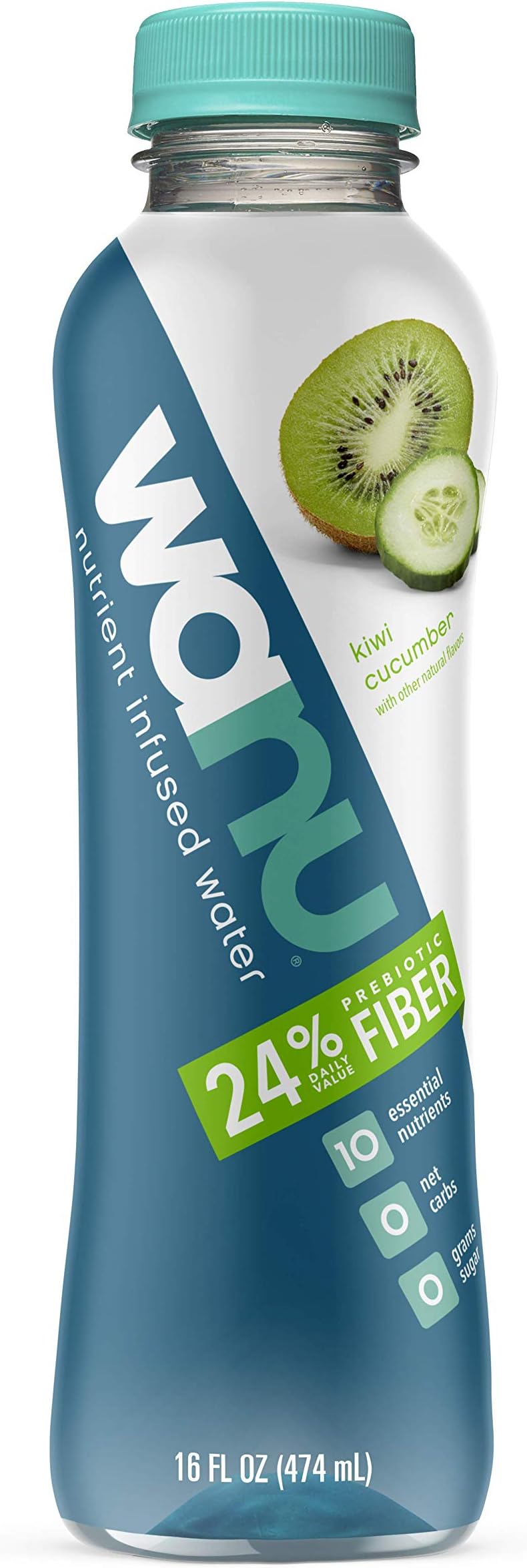 wanu water, Prebiotic Fiber & Nutrient Infused Flavored Water w/Gut Health & Immunity Benefits, 100% Vitamin B12 for Natural Energy, Kiwi Cucumber, 16oz Bottles (Pack of 12)