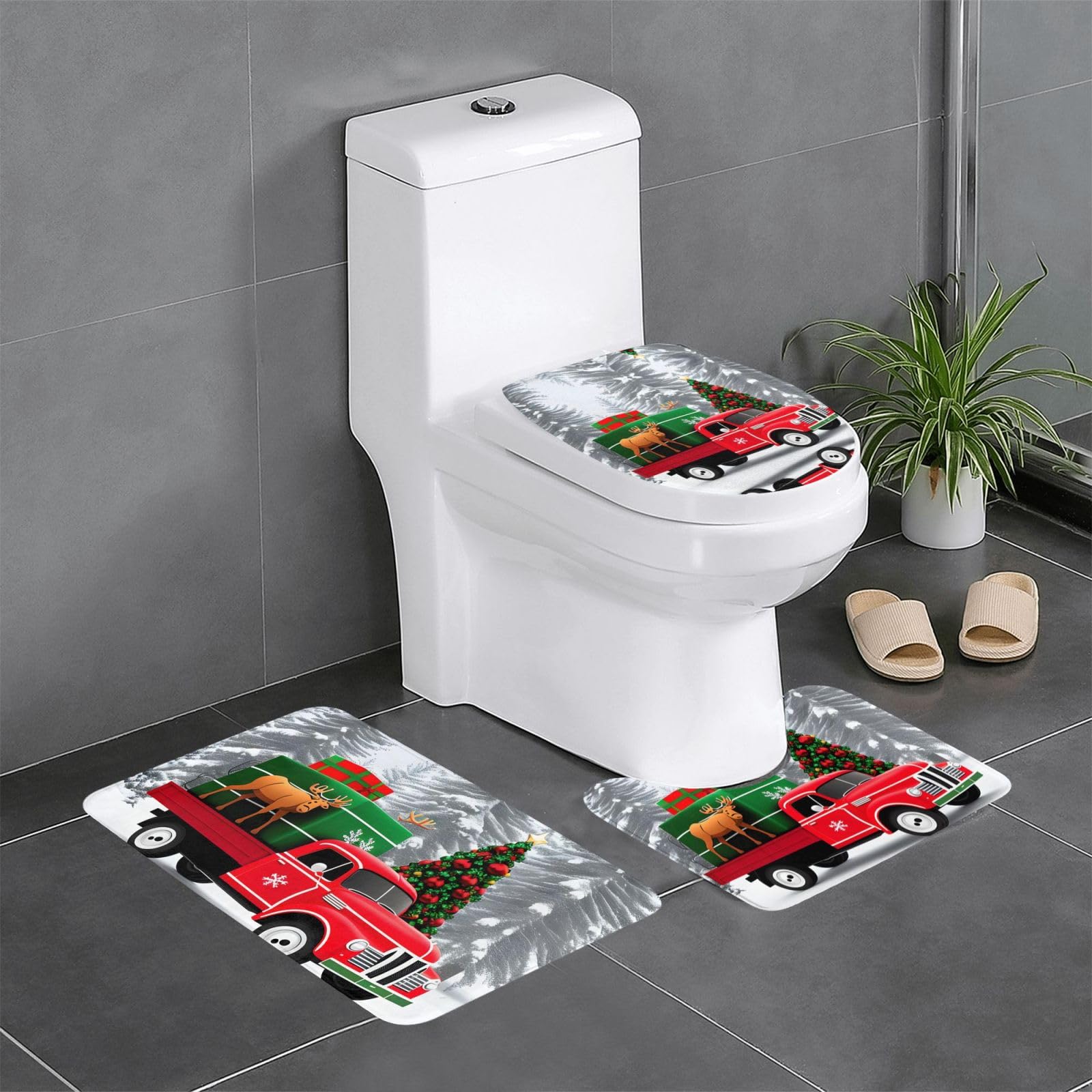 Lot de 3 tapis de salle de bain antidérapants élan et camion pour WC et coiffeuse